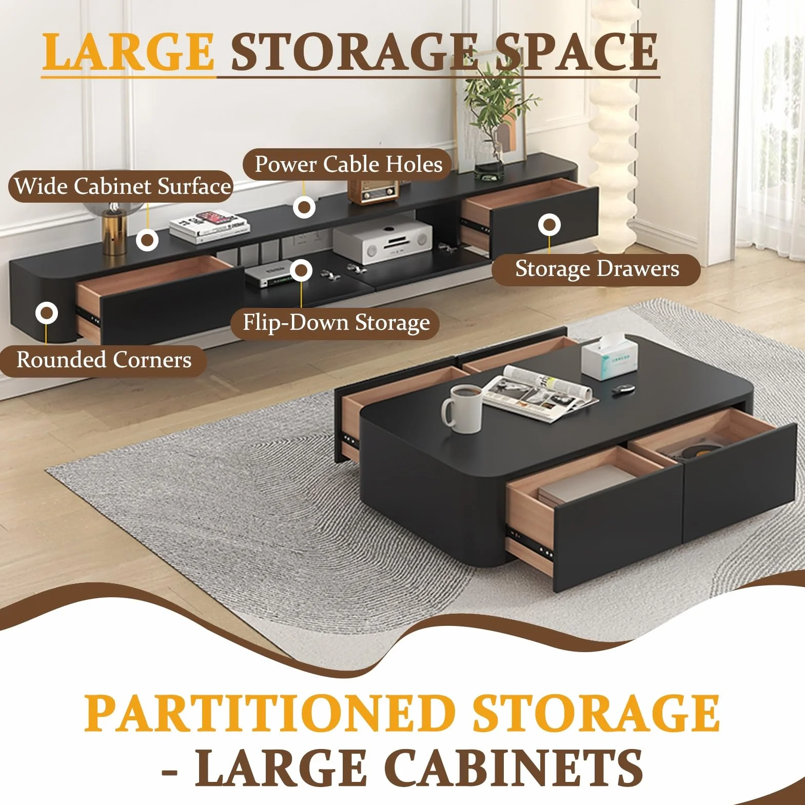 Solid Wood Wall-Mounted TV Storage Cabinet z Szafkami 160cm Czarny