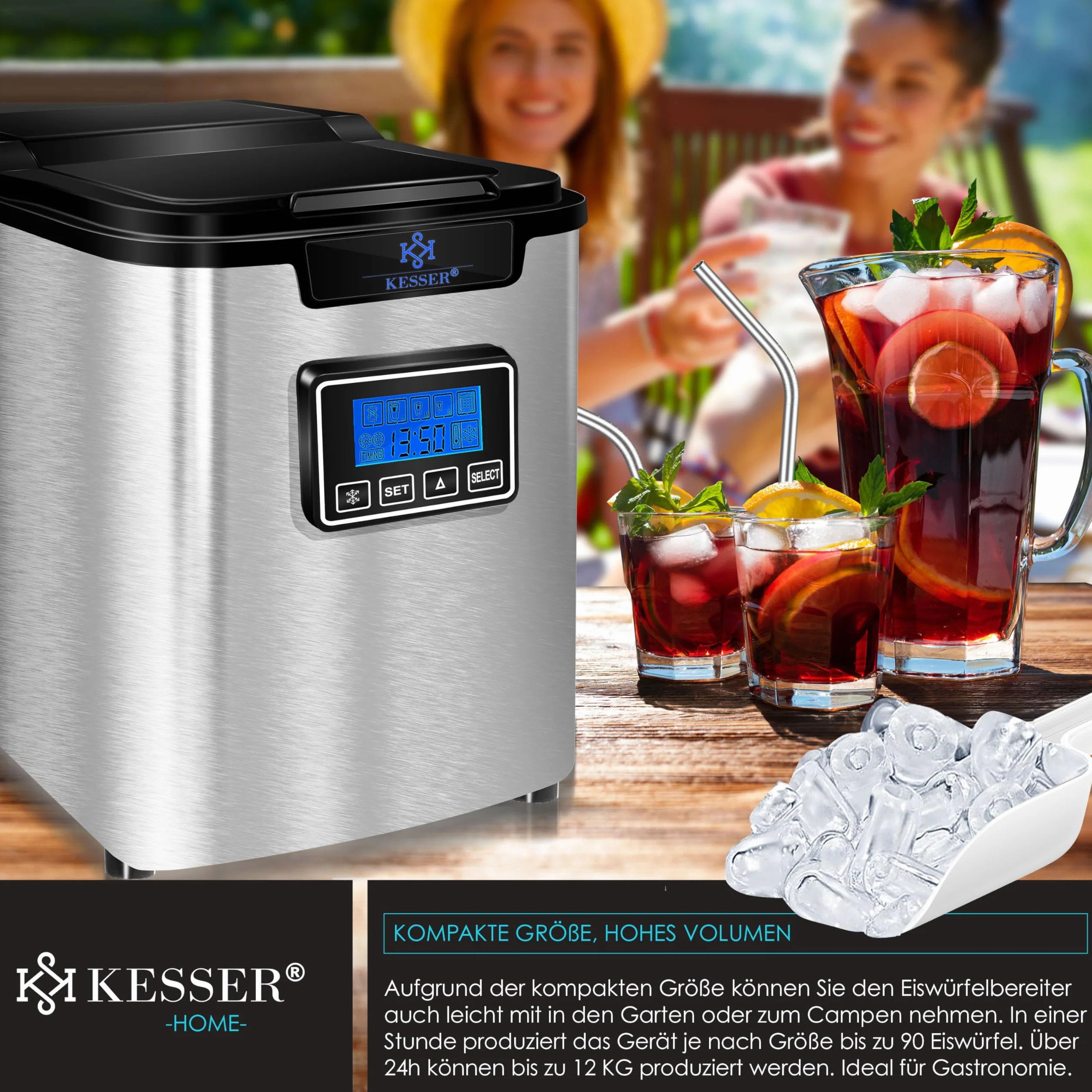 KESSER Kostkarka do lodu ze stali nierdzewnej 150 W 12 kg/24 h 3 rozmiary kostek 6 min zbiornik 2,2 l timer LCD