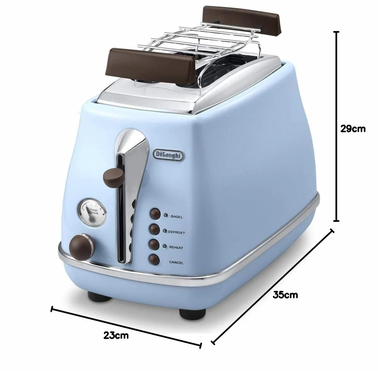 De'Longhi Toster Icona Vintage CTOV2103.AZ - 2-szczelinowy toster z nasadką do bułek, stal szlachetna w eleganckim stylu retro z chromowanymi detalami, niebieski