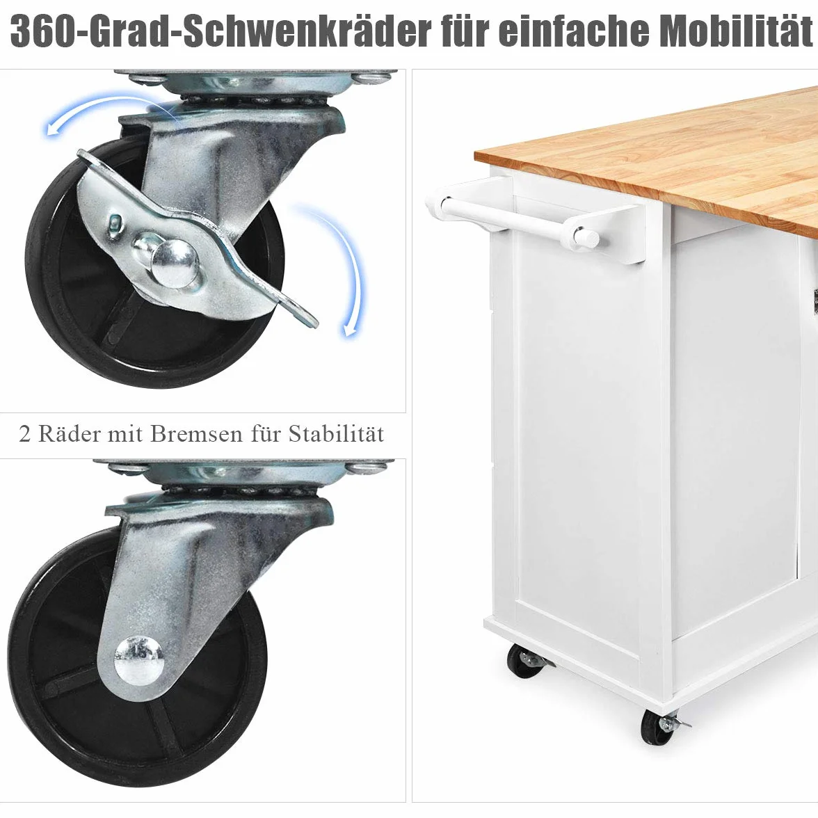 COSTWAY Wózek kuchenny na kółkach 136 x 76 x 91, wyspa kuchenna z drewna