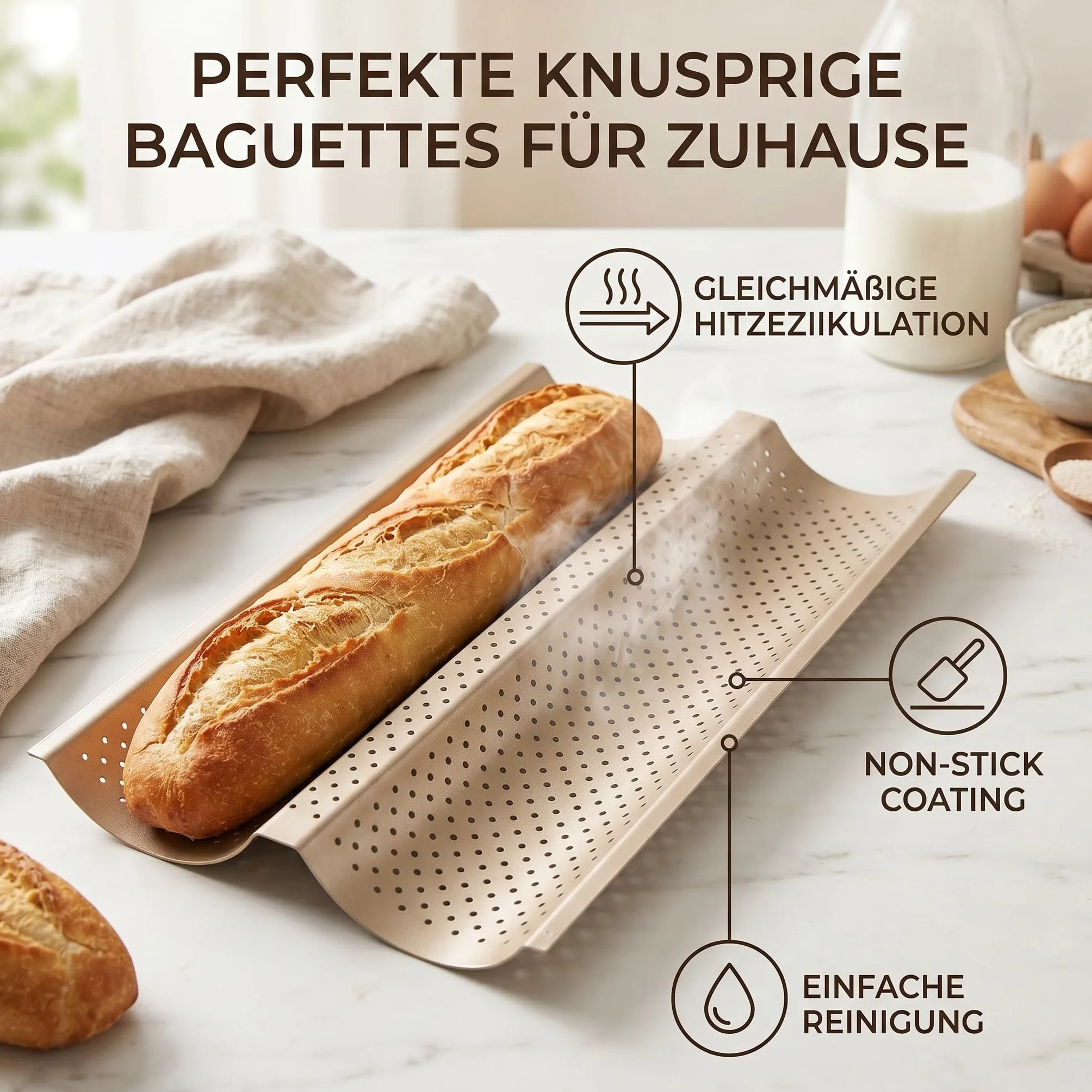 Forma do Pieczenia Bagietek, Nieprzywierająca Powłoka, Stal, Uniwersalna Pęseta do Pieczywa