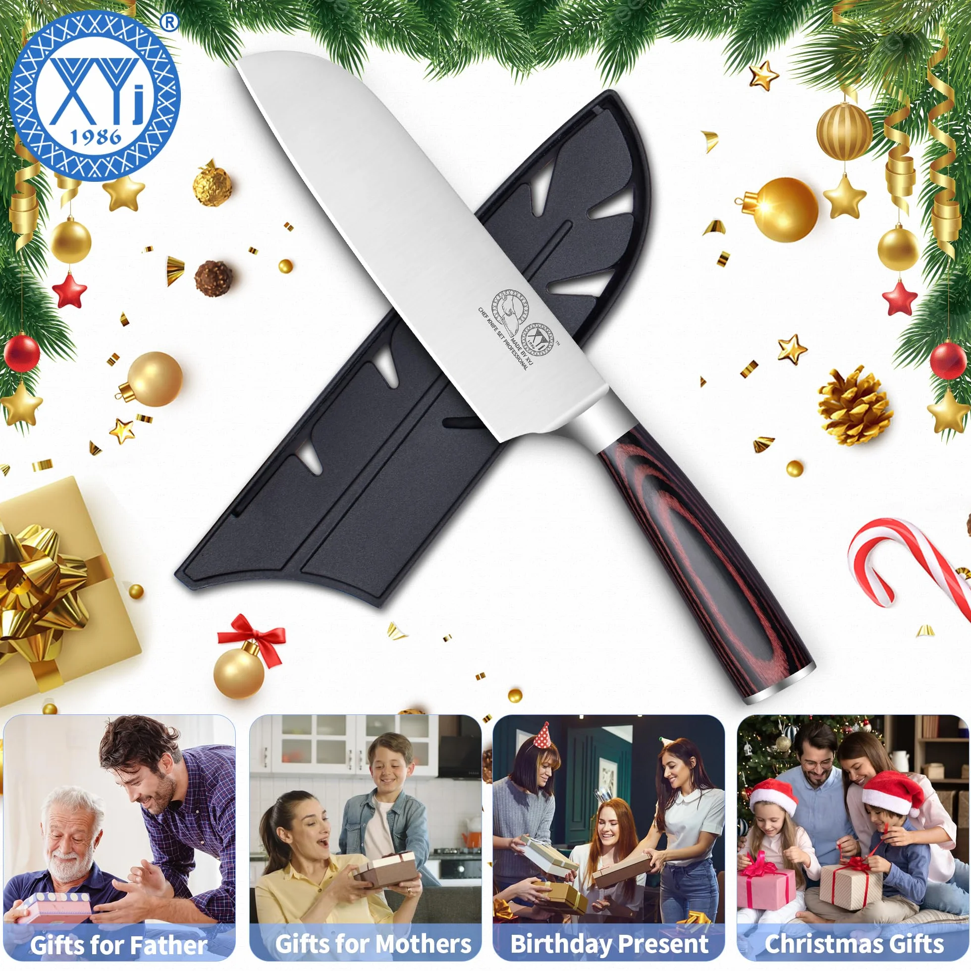 XYJ Professional Japanese Santoku Knife With Plastic Sleeve,7 Inch Vegetable Kitchen Knife,Stainless Steel,Meat Slicing Knife,Pakkawood Handle,Meat Cleaver for Outdoor Camping