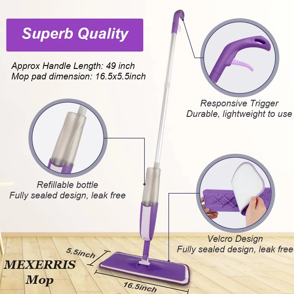 Mop z rozpylaczem z mikrofibry do czyszczenia podłóg - MEXERRIS Mop do czyszczenia podłóg w kuchni z 2 butelkami wielokrotnego napełniania obracany o 360° mop z twardego drewna do laminowanych płytek