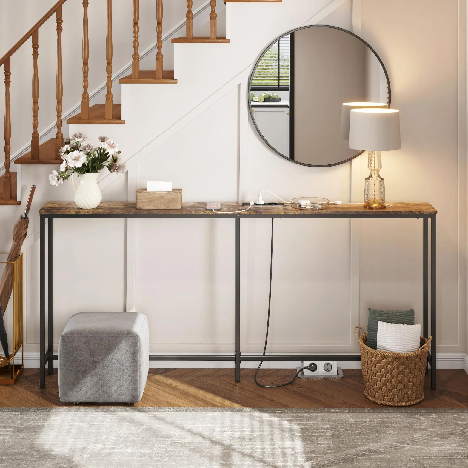 Lifewit 70.9" Wąski, długi stolik konsolowy z 2 gniazdami zasilania i portami USB do salonu, przemysłowy stolik do przedpokoju, korytarz biurowy za sofą, łatwy montaż, rustykalny brąz