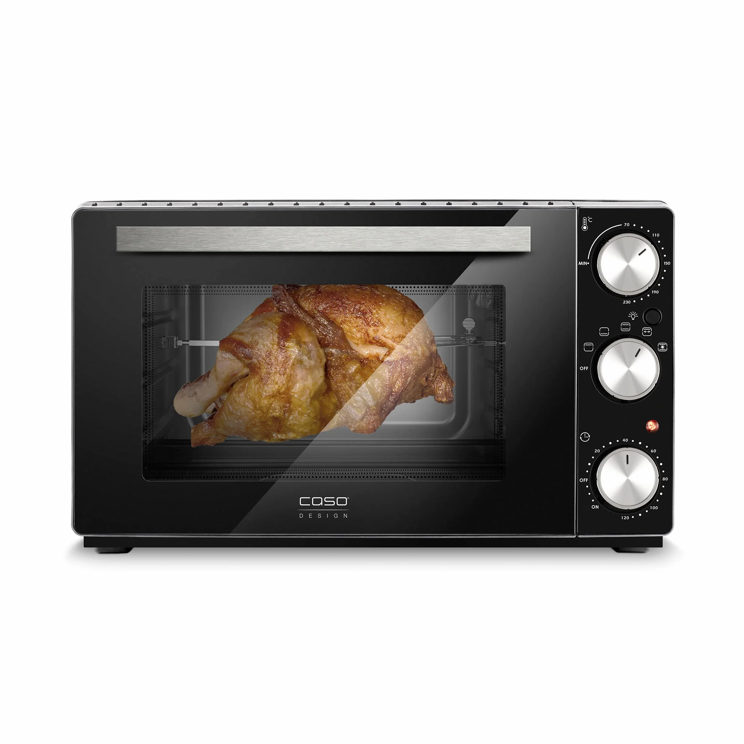 CASO TO 26 Classic – designerski piekarnik, pojemność 26 l, 3 wkładki, 70-230 °C, w zestawie kamień do pizzy, 5-stopniowa funkcja: gorące powietrze, obrotowy rożen z silnikiem, grzałka górna, grzałka