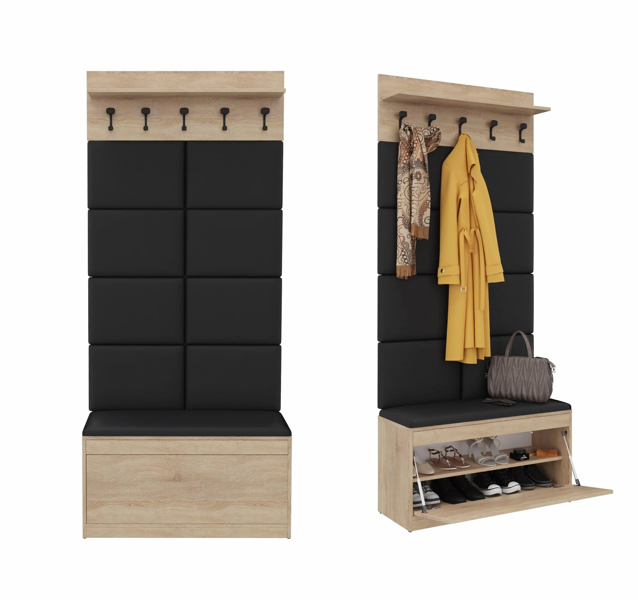 PLATAN ROOM Garderoba ścienna z panelem garderobianym, szafką na buty i szafką wiszącą, 100 cm, garderoba do przedpokoju, zestaw garderobiany na korytarz, dąb dębowy, białe drewno (3-częściowy z 8