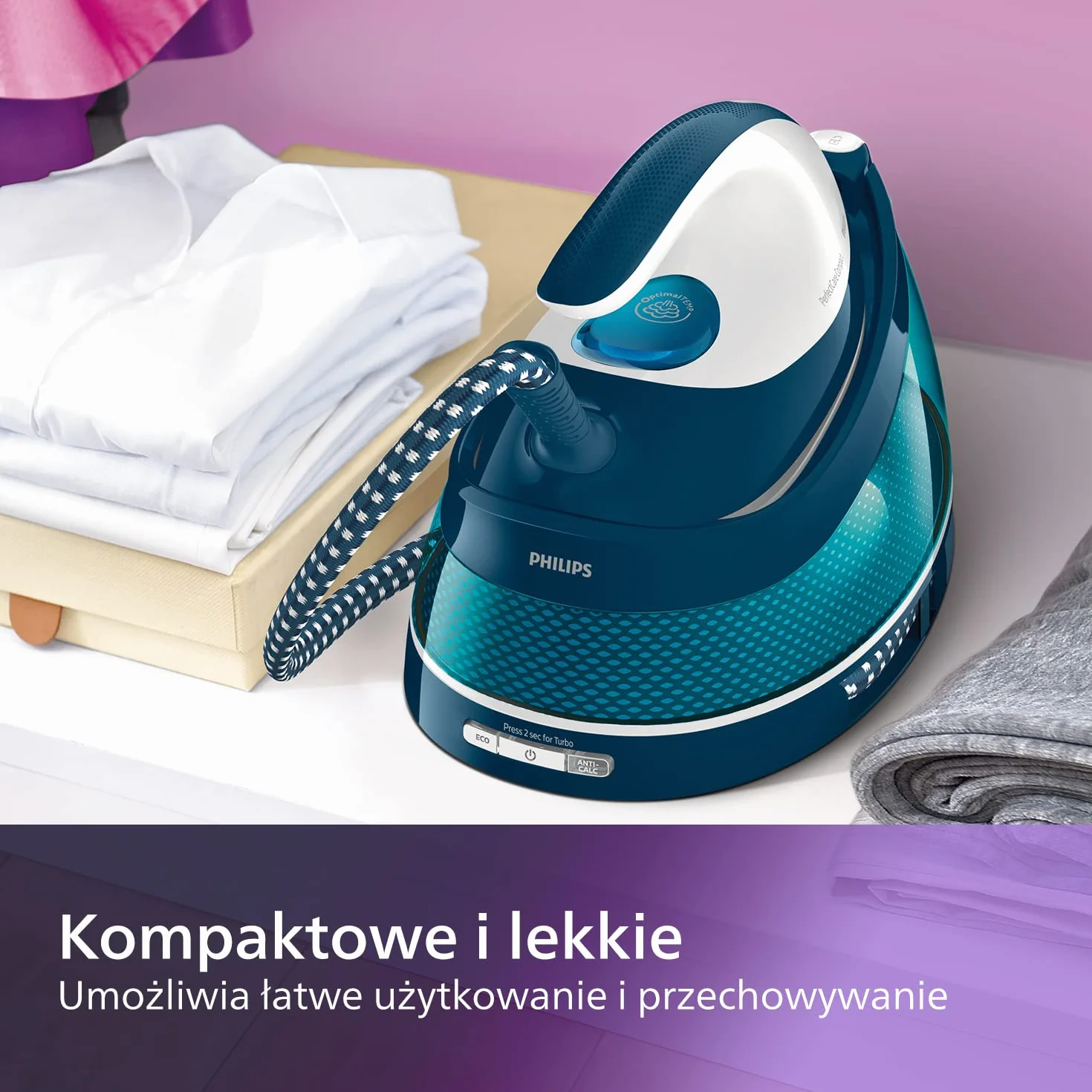 Philips Generator pary PerfectCare Compact 2400W, 400g, 6,5 bara, OptimalTEMP, 1,5l, Niebieski/Biały GC7844/20