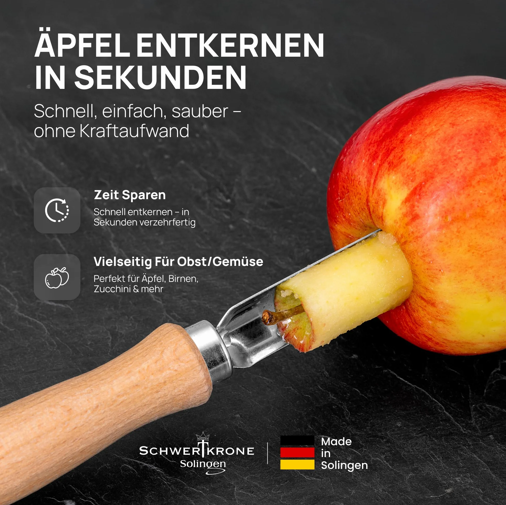 SCHWERTKRONE® Solingen Drylownica do jabłek ze stali nierdzewnej drewniany uchwyt Made in Germany