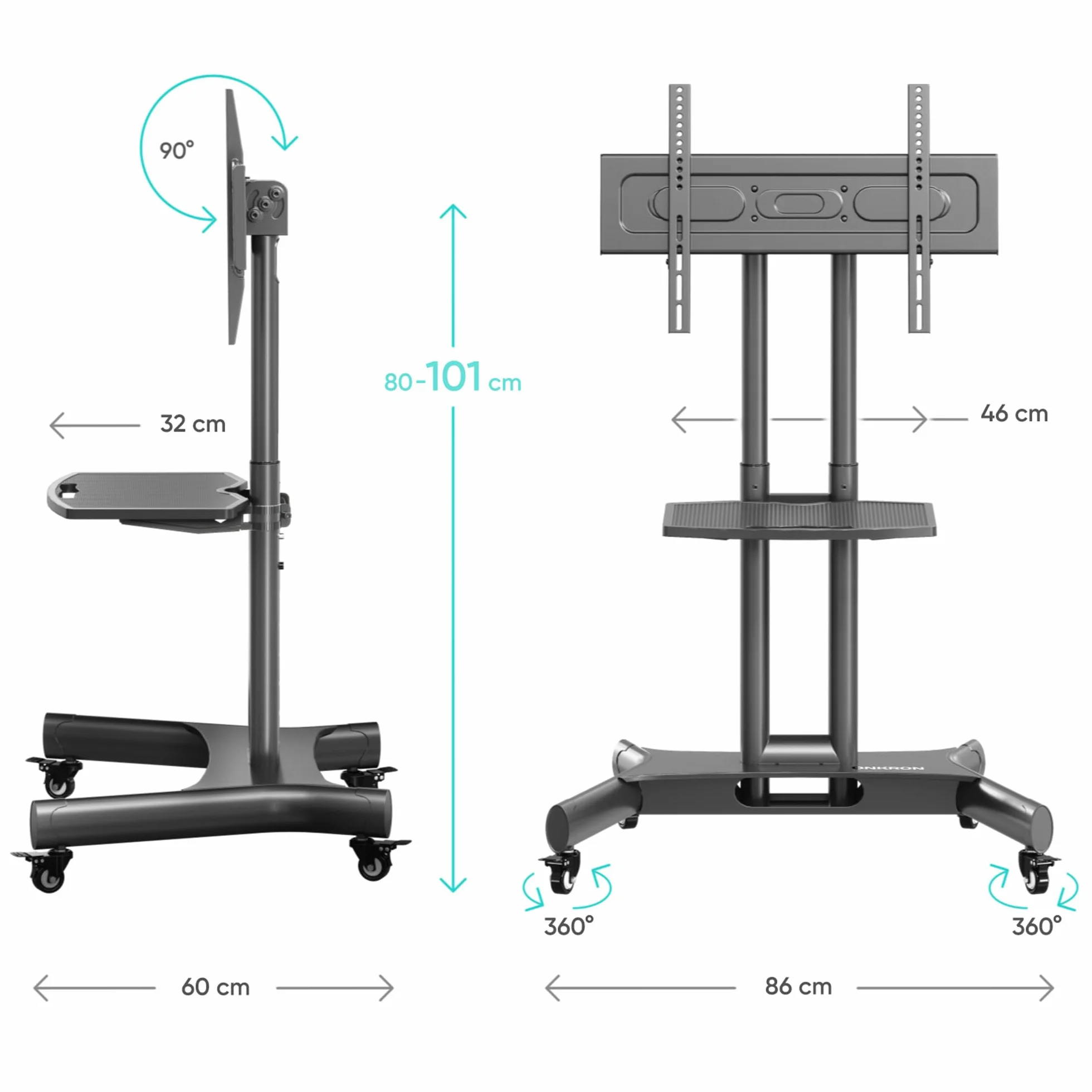 ONKRON Mobilny Stojak TV 32-70 Cali, Maks. 45 kg, Pochylany Wózek Pod Telewizor VESA 100x100-600x400, Stojak na Kółkach z Półką AV i Regulacją Wysokości, Czarny TS1350-B