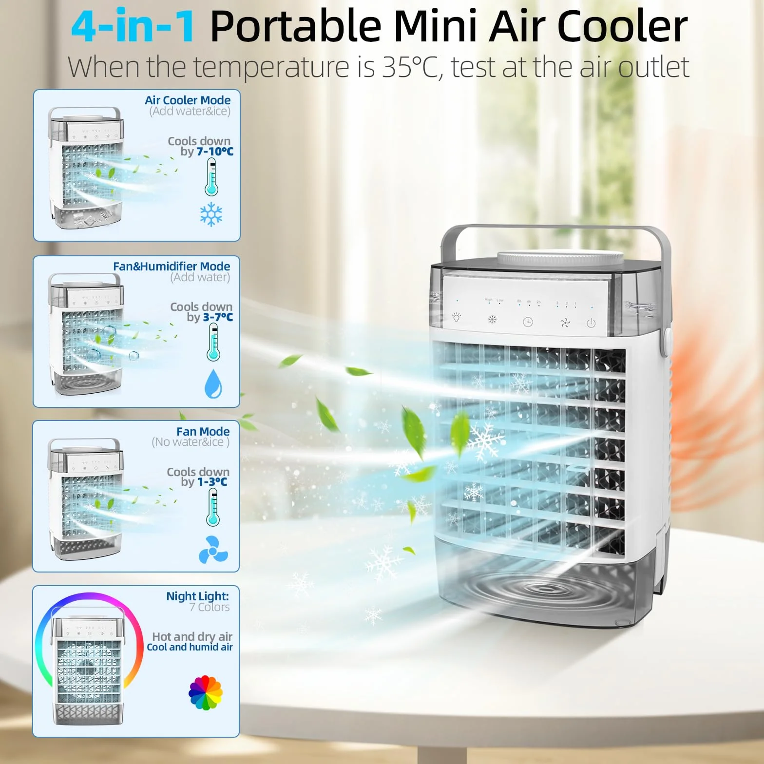 Przenośny klimatyzator 4 w 1 1600 ml mini z rozpylaczem i światłem nocnym