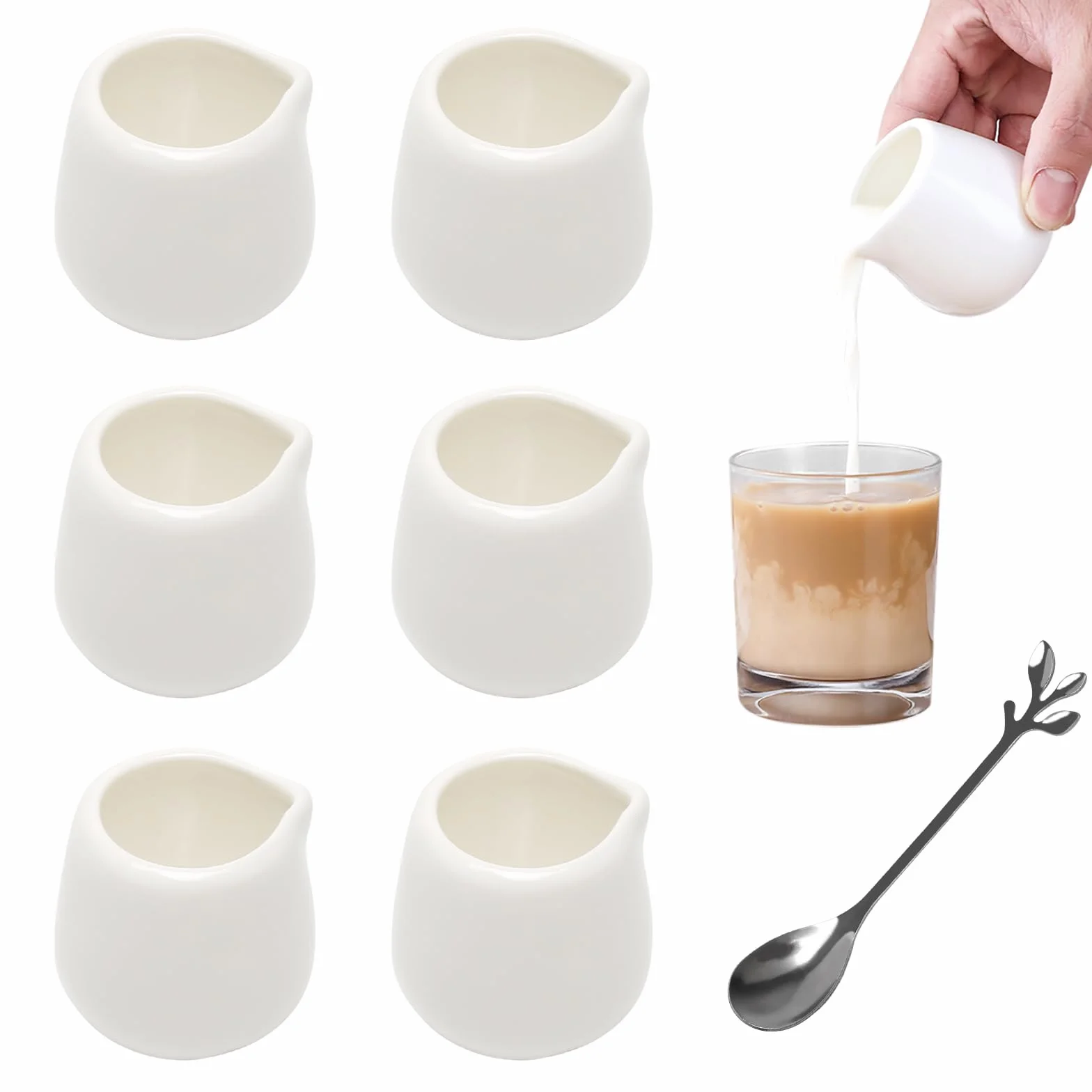 6 szt białe ceramiczne mini dzbanki na mleko 50ml, mini dzbanki do nalewania mleka, małe białe dzbanki na sos z łyżką do mleka, kawy, sosu, sosu, dzbanuszka do śmietanki, pojemnik na syrop