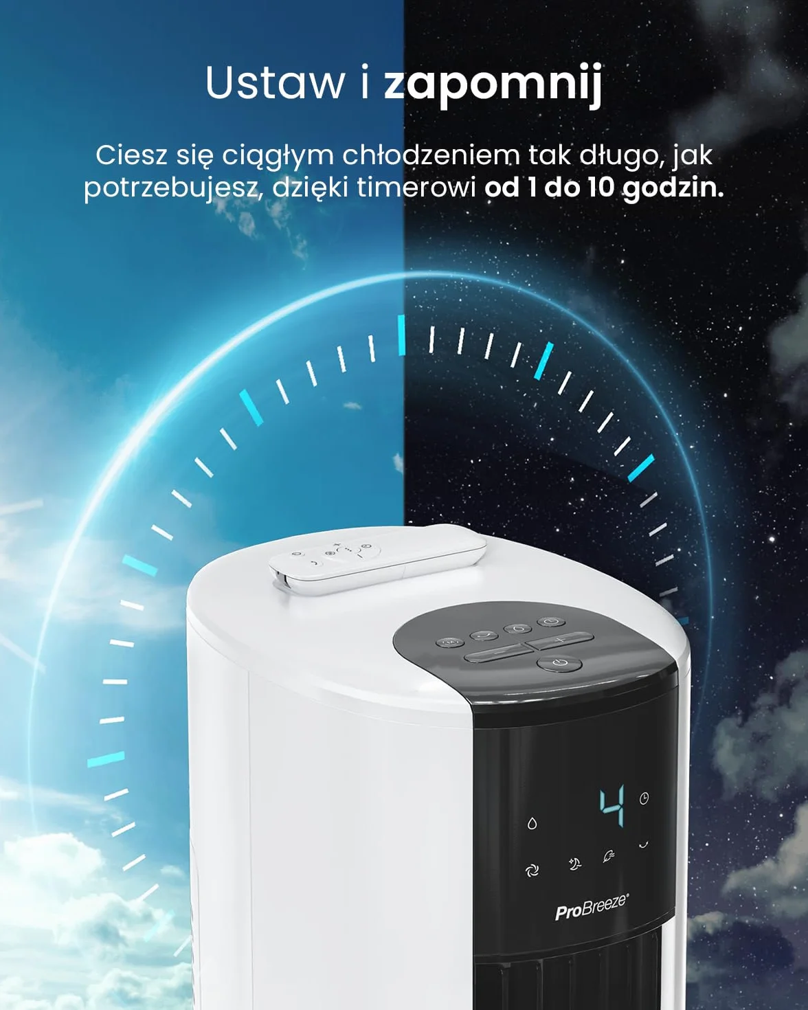 Pro Breeze OmniAir 7L 4w1 przenośny wentylator wieżowy z nawilżaczem, pilotem, oscylacją, 10-godzinnym timerem i trybem uśpienia