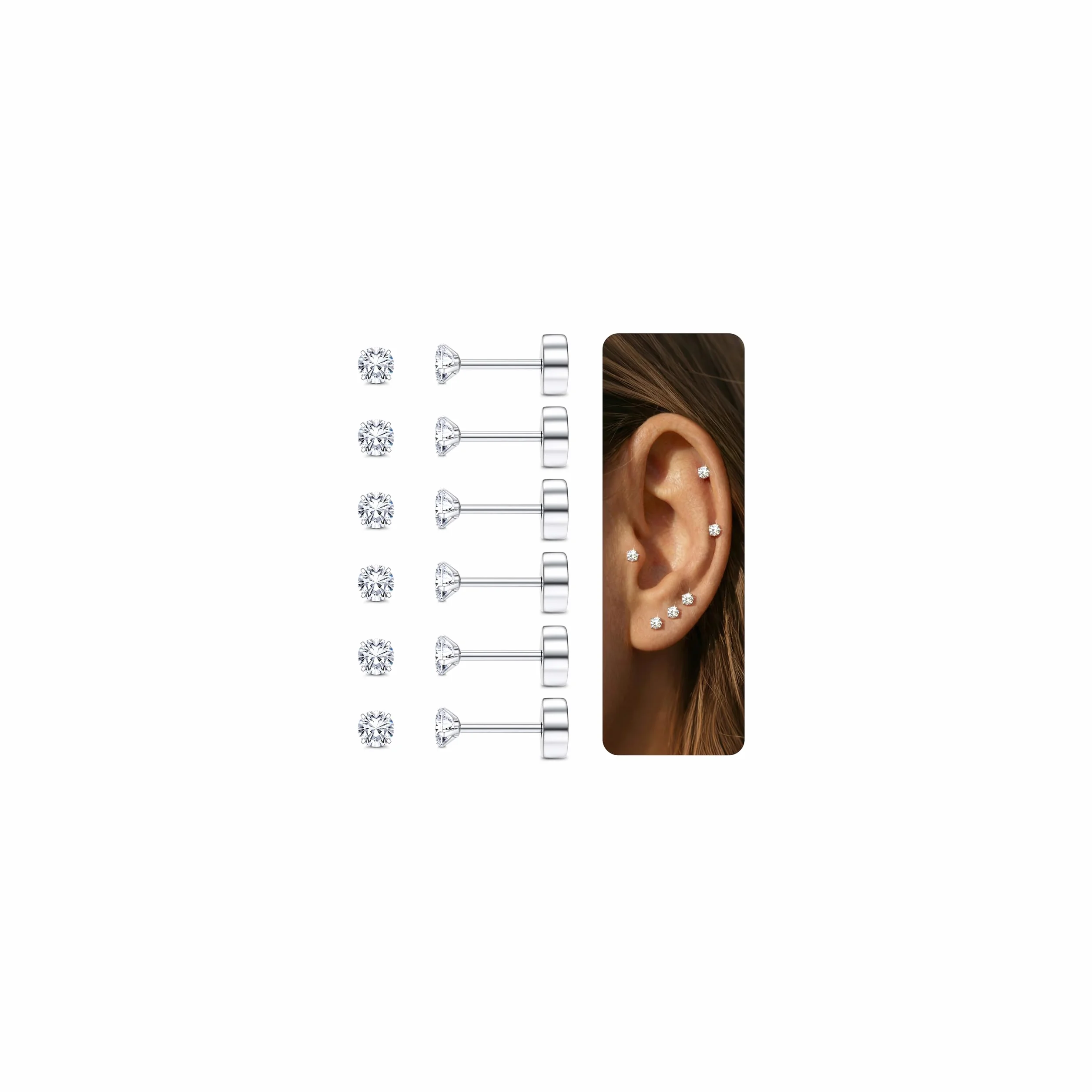 Diamday kolczyki do chrząstki zestaw 6 par 20 g 316L stal chirurgiczna płaski tył 2-5 mm tragus helix piercing hipoalergiczna