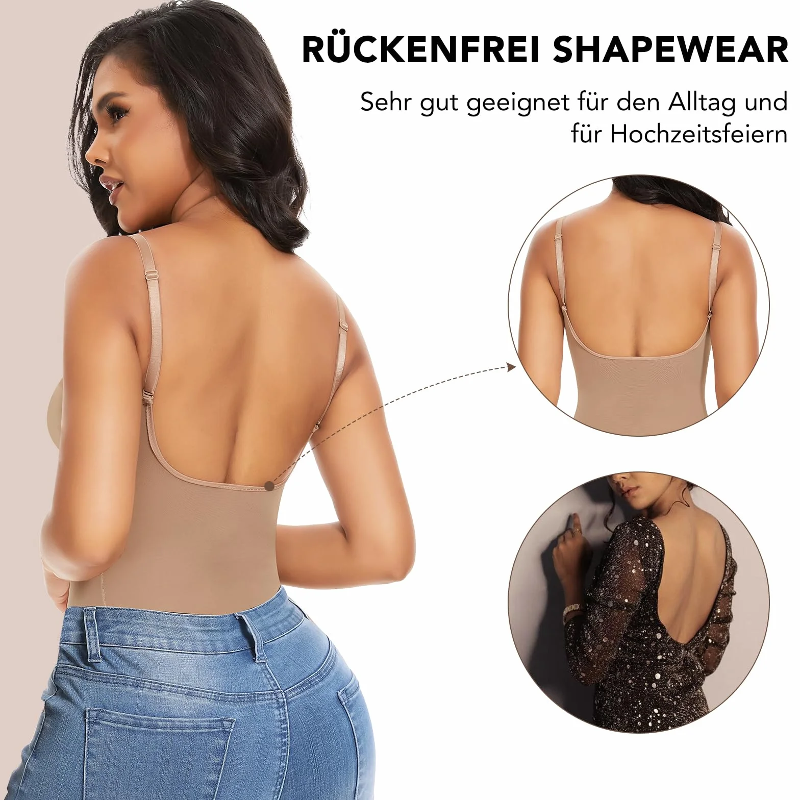 SHAPERIN Damskie body modelujące bez pleców, wyszczuplające brzuch, biustonosz push-up, głęboki dekolt w kształcie litery U