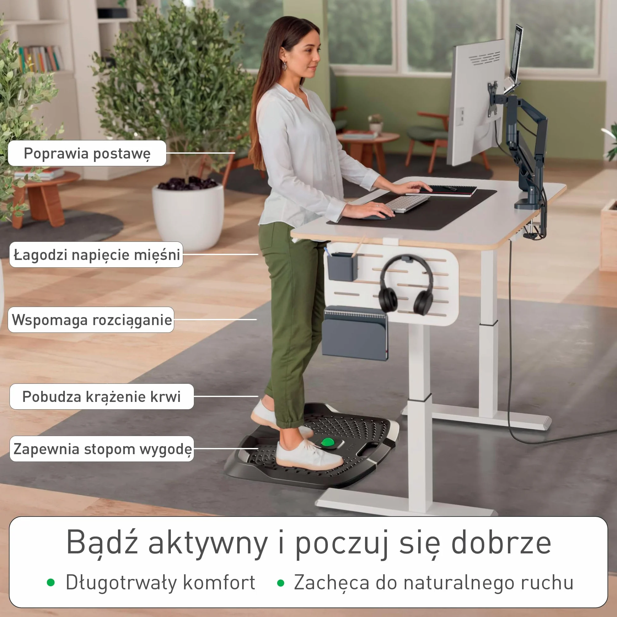 Ergonomiczna Mata Antyzmęczeniowa Leitz Active - wyściełana pianką PU, nierysująca, łagodząca zmęczenie, mata do domu i biura z wyjmowaną kulą masującą