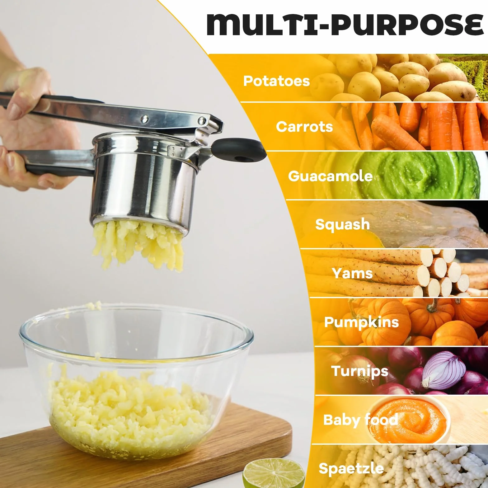praska do ziemniaków ze stali nierdzewnej jakości żywnościowa z 3 wymiennymi wkładkami, praska do Spätzle z silikonowym uchwytem, wielofunkcyjny ricer do purée ziemniaczanego, purée owocowego