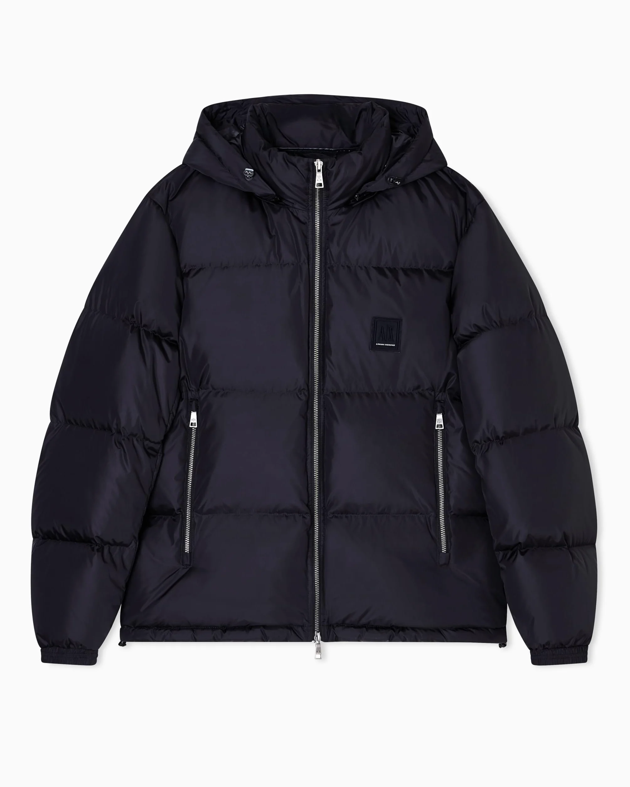 Armani Exchange Męski projekt ikony, wytłoczona naszywka z logo, błyszcząca nylonowa kamizelka puchowa, Czarny, L