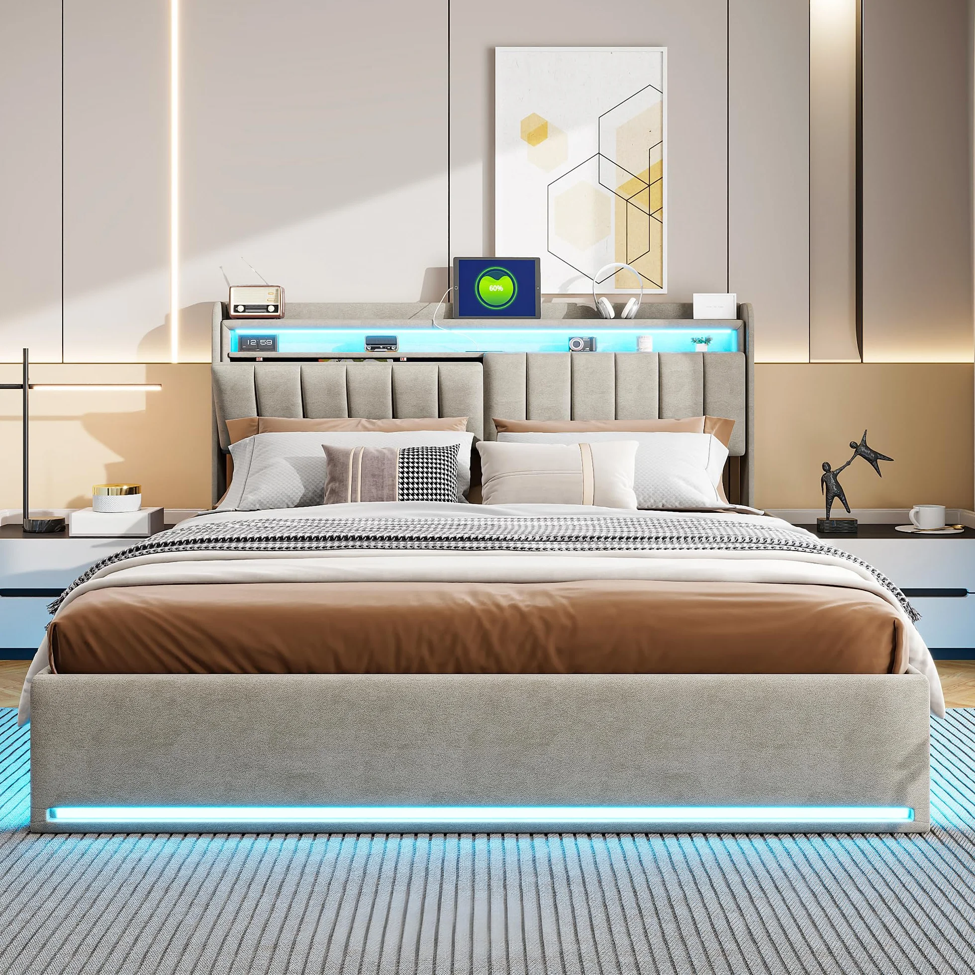 Tapicerowane łóżko podwójne 160x200 cm z oświetleniem LED i ładowaniem USB, hydrauliczne z pudełkiem do przechowywania, szary