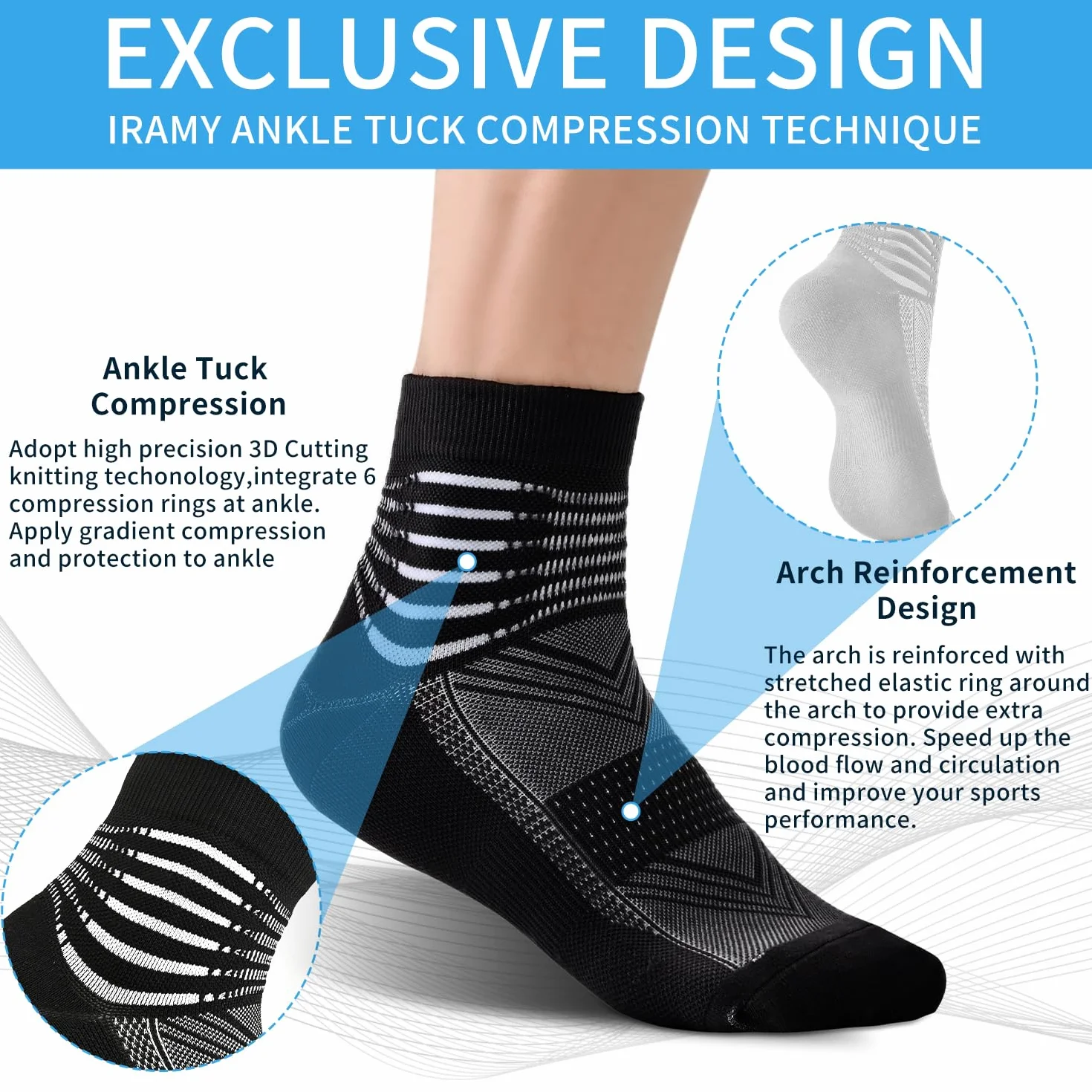 IRAMY Kompressionsstrümpfe Męskie Damskie Knöchelstütze Sneaker Laufsocken Kompressionssocken Coolmax Wicklung Sportsocken Gepolsterte Plantar Fasciitis Socken 3 Paar