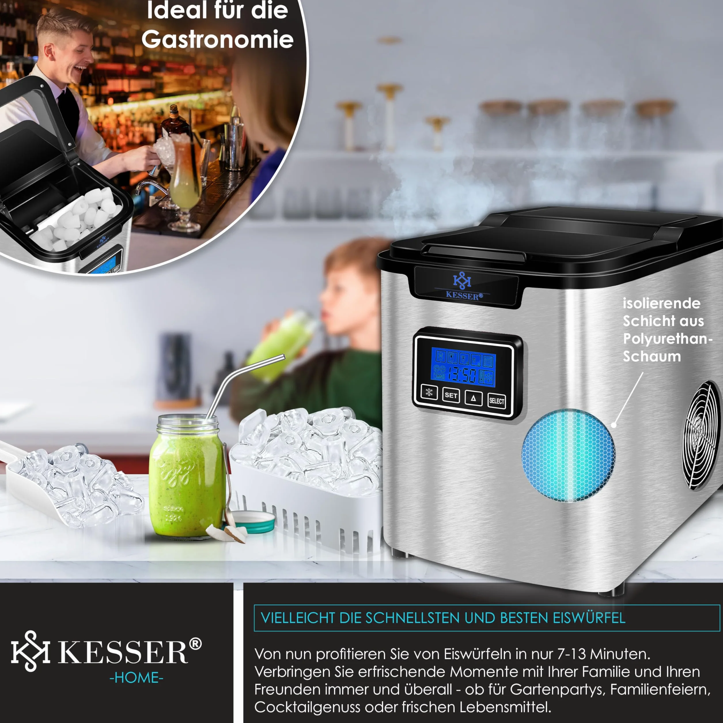 KESSER Kostkarka do lodu ze stali nierdzewnej 150 W 12 kg/24 h 3 rozmiary kostek 6 min zbiornik 2,2 l timer LCD