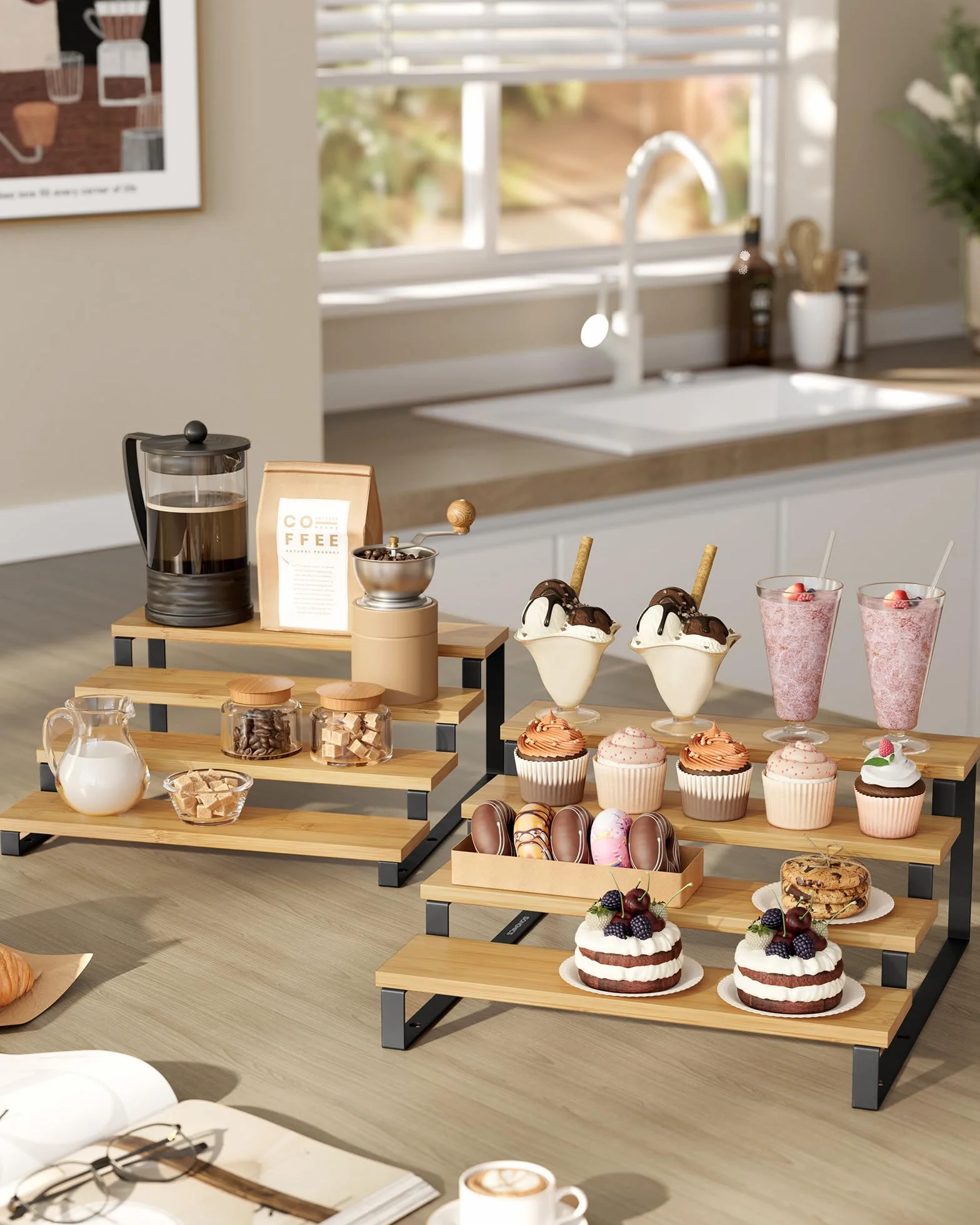 SONGMICS Stojące półki kuchenne na przyprawy, zestaw 2 szt., drewnopochodny, 4 półki, składane, naturalny beż-czerń KCS216N01