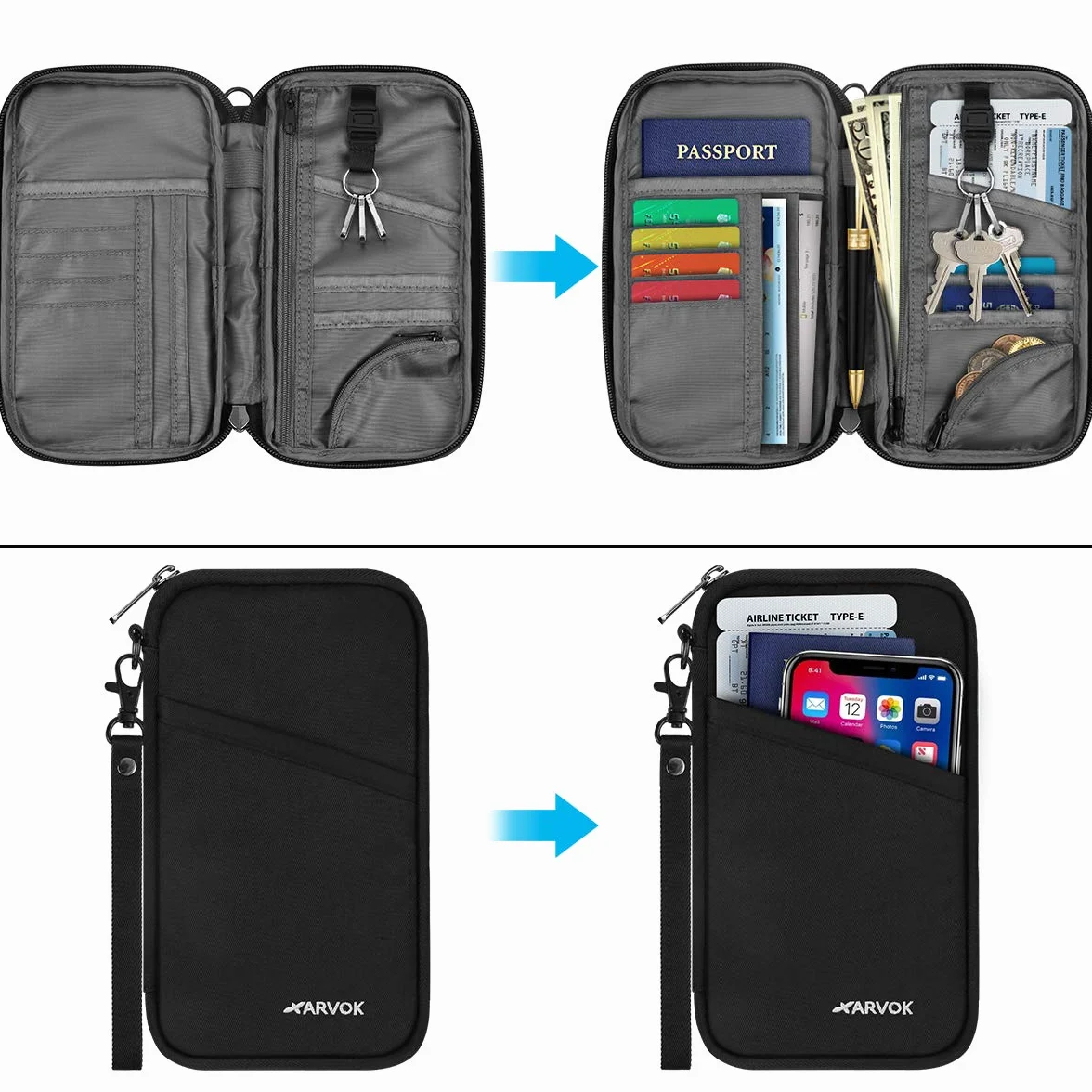 Arvok Torba na paszport, rodzinny organizer podróżny z blokadą RFID, przenośne etui na paszport, etui na dowód osobisty dla kobiet i mężczyzn, etui na paszport na karty kredytowe, dowód osobisty i