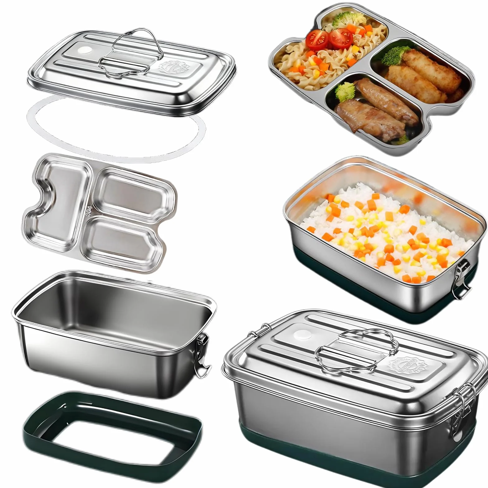2000ml Pojemnik Obiadowy ze Stali Nierdzewnej z Pokrywą, 3 Przegródki i Podwójna Warstwa, Ekologiczny Trwały i Szczelny Lunch Box, do Podróż, Szkoły, na Piknik lub w Pracy