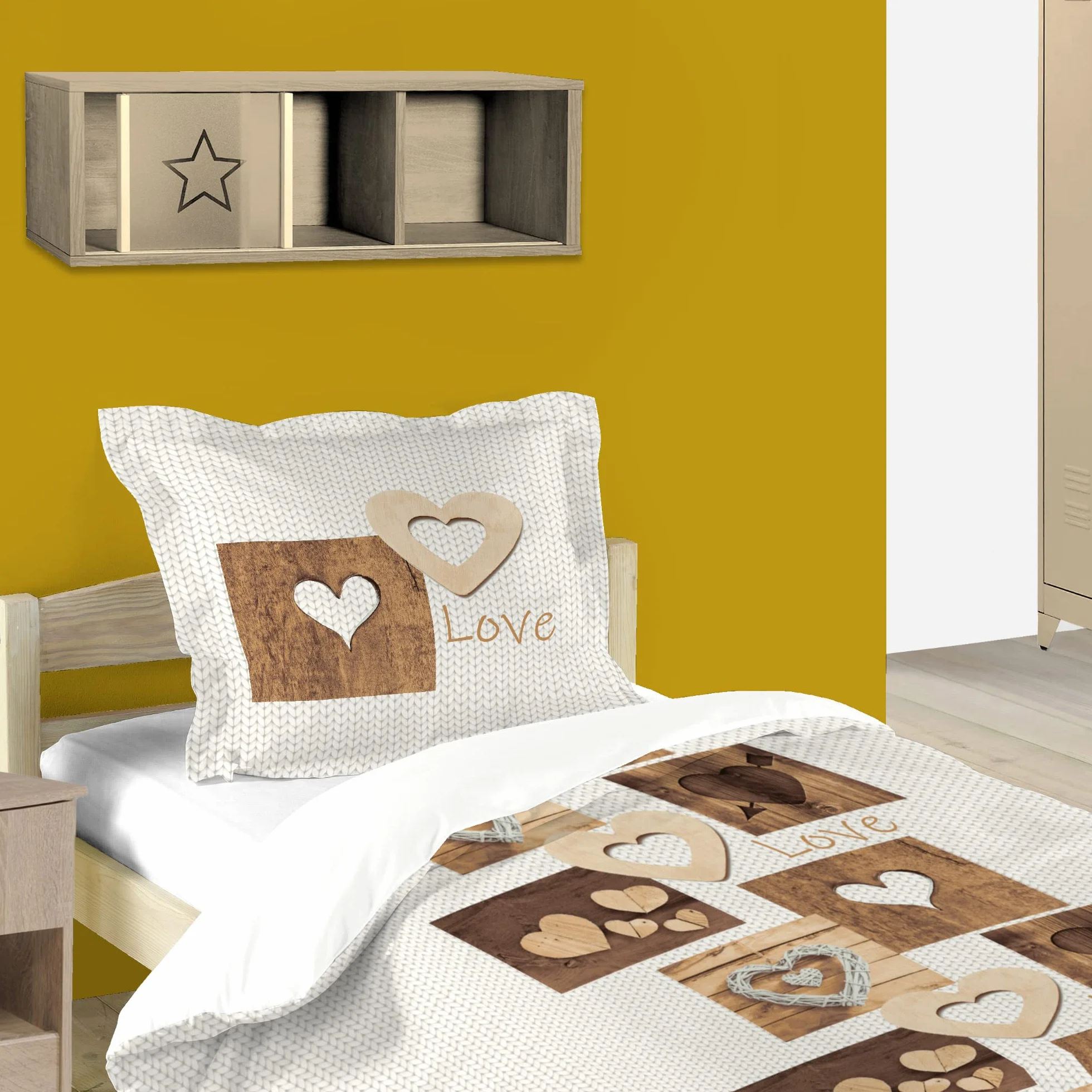 Lovely Casa – Poszewka na kołdrę 140 x 200 cm + 1 poszewka na poduszkę 63 x 63 cm – Woodda – naturalna