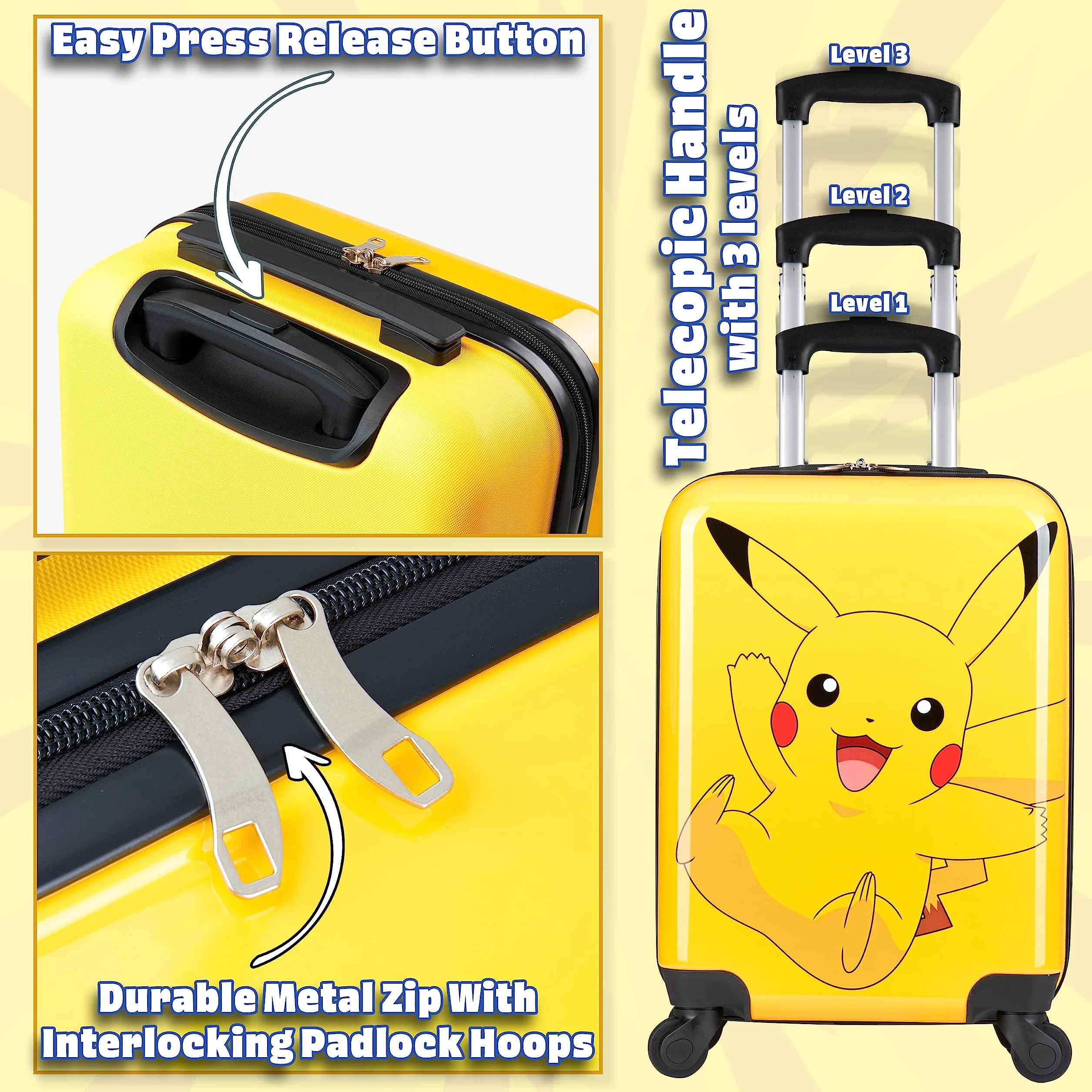 Pokémon Walizka dla dzieci z kółkami torba bagażowa dla chłopców i dziewcząt nosi torbę podróżną z rękojeścią małą walizką z kółkami Kids Essentials Jeden Rozmiar Żółty
