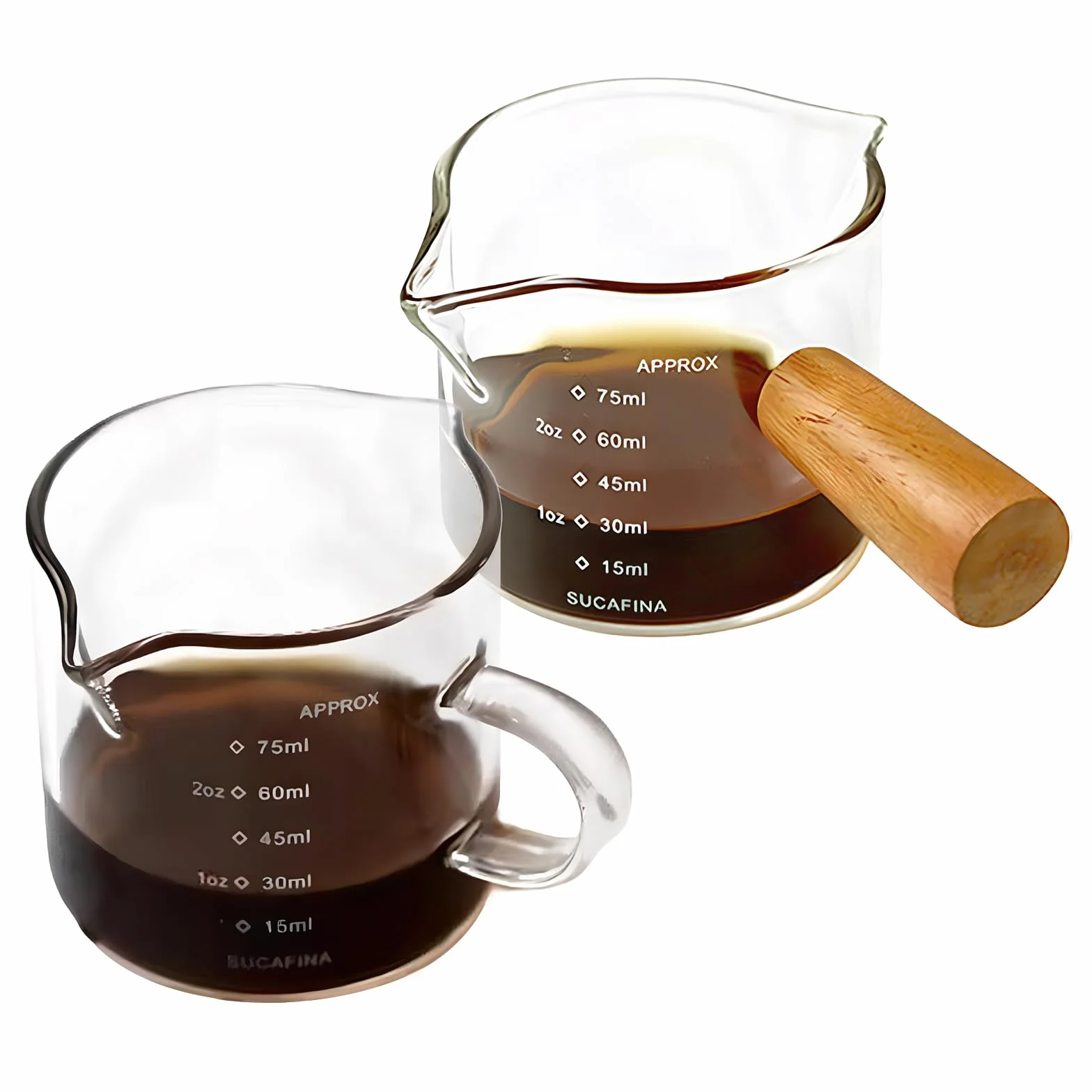 2 sztuki filiżanek do espresso z uchwytem, szklane szklanki do espresso 2.5 oz z miarką i podwójnym odpływem, wielokrotnego użytku szklana miarka z V-kształtnym wylewem do kawy, mleka, soku