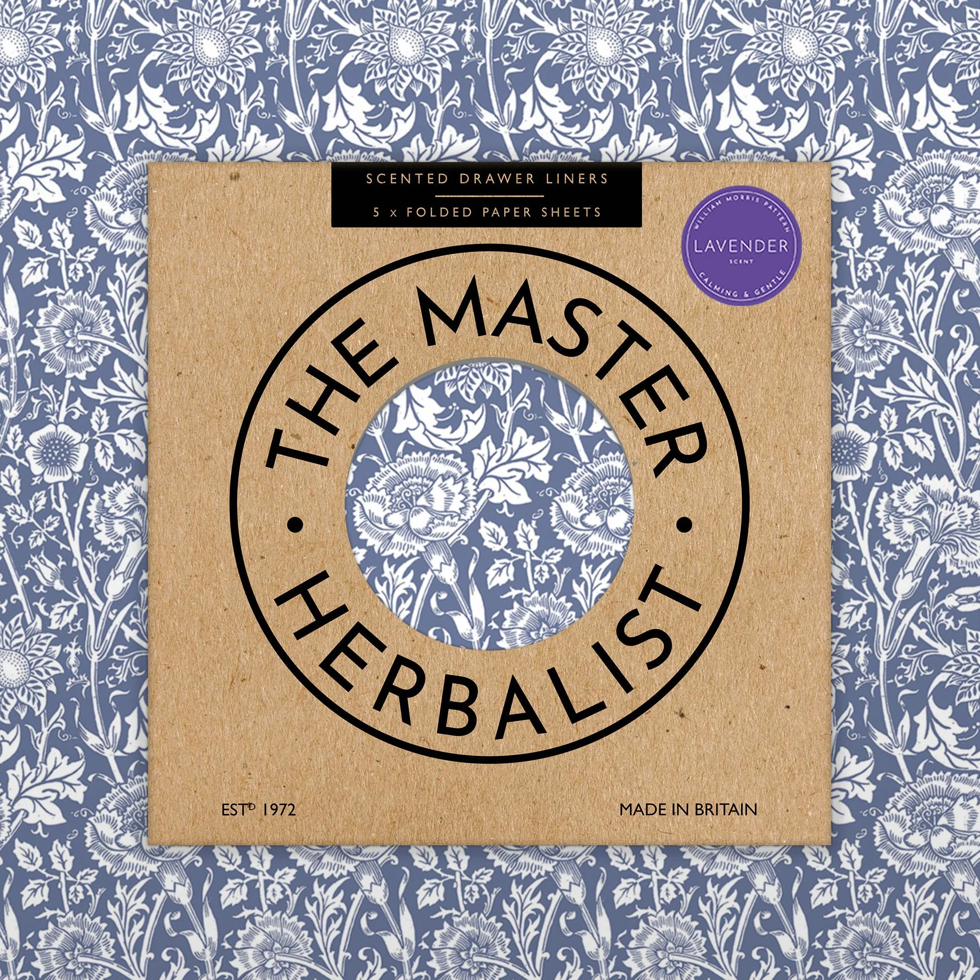 The Master Herbalist LAVENDER pachnące wkładki do szuflad w niebieskim wzornictwie Williama Morrisa, opakowanie 5 złożonych arkuszy, zawiera olejki eteryczne z lawendy, wyprodukowano w Wielkiej