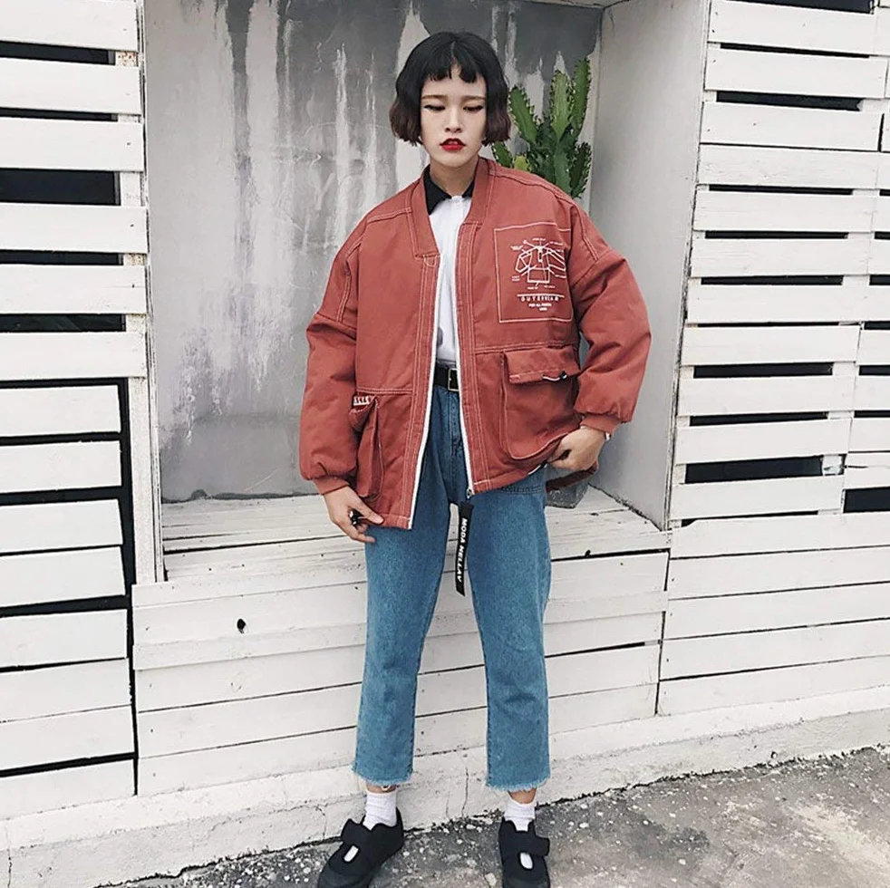 Kurtka damska jesień zima elegancki luźny płaszcz na zewnątrz z długim rękawem zamek błyskawiczny retro na co dzień moda vintage chłopak styl kurtka płaszcz odzież wierzchnia, Czerwony, L