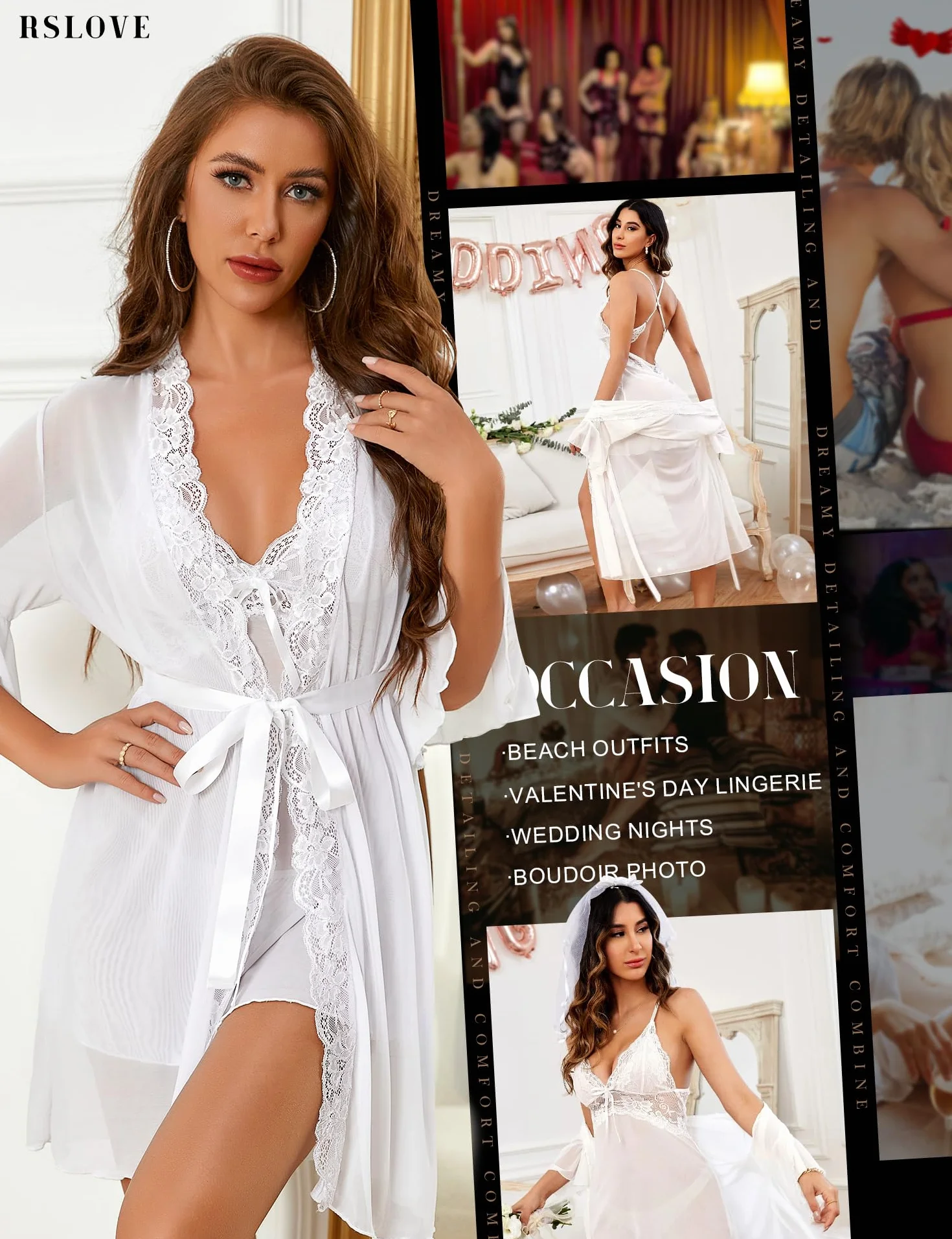 RSLOVE Damska Seksowna Bielizna Nocna - Zestaw Bielizny z 2-częściową Sukienką - Kwiatowy - Różowy - Mini - Babydoll
