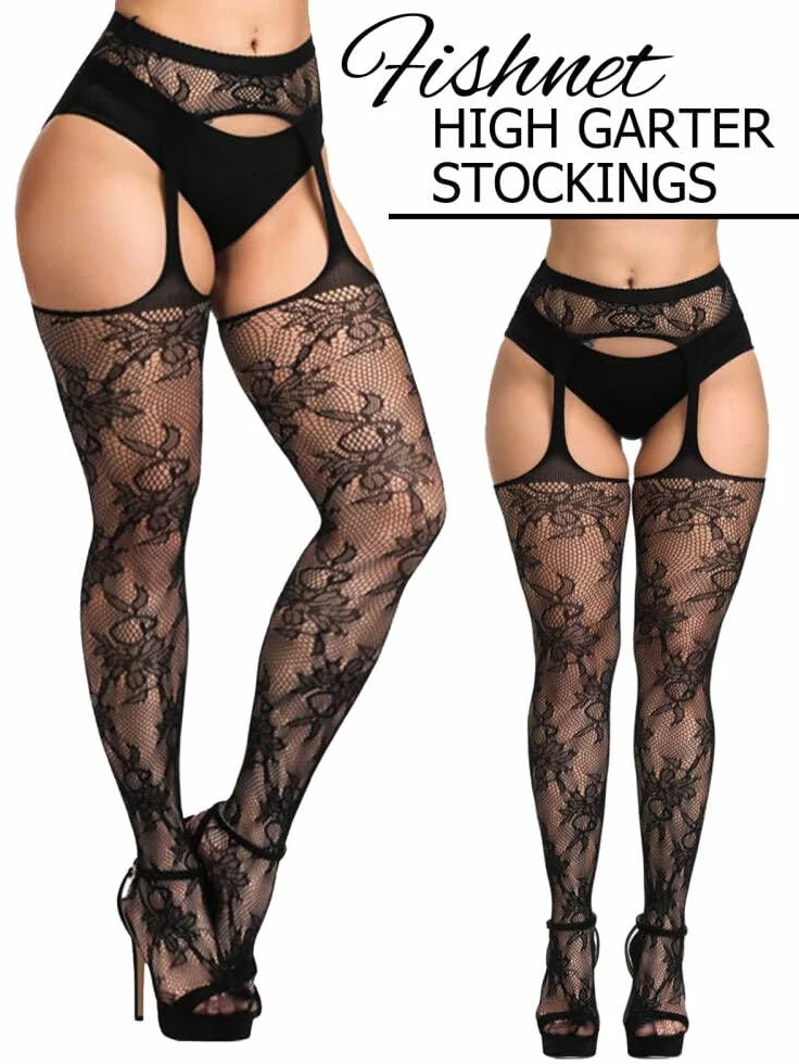 Buitifo Woman Thigh High Garter Stockings Patterned Tights Fishnet Pantyhose (Black ZHua,M)