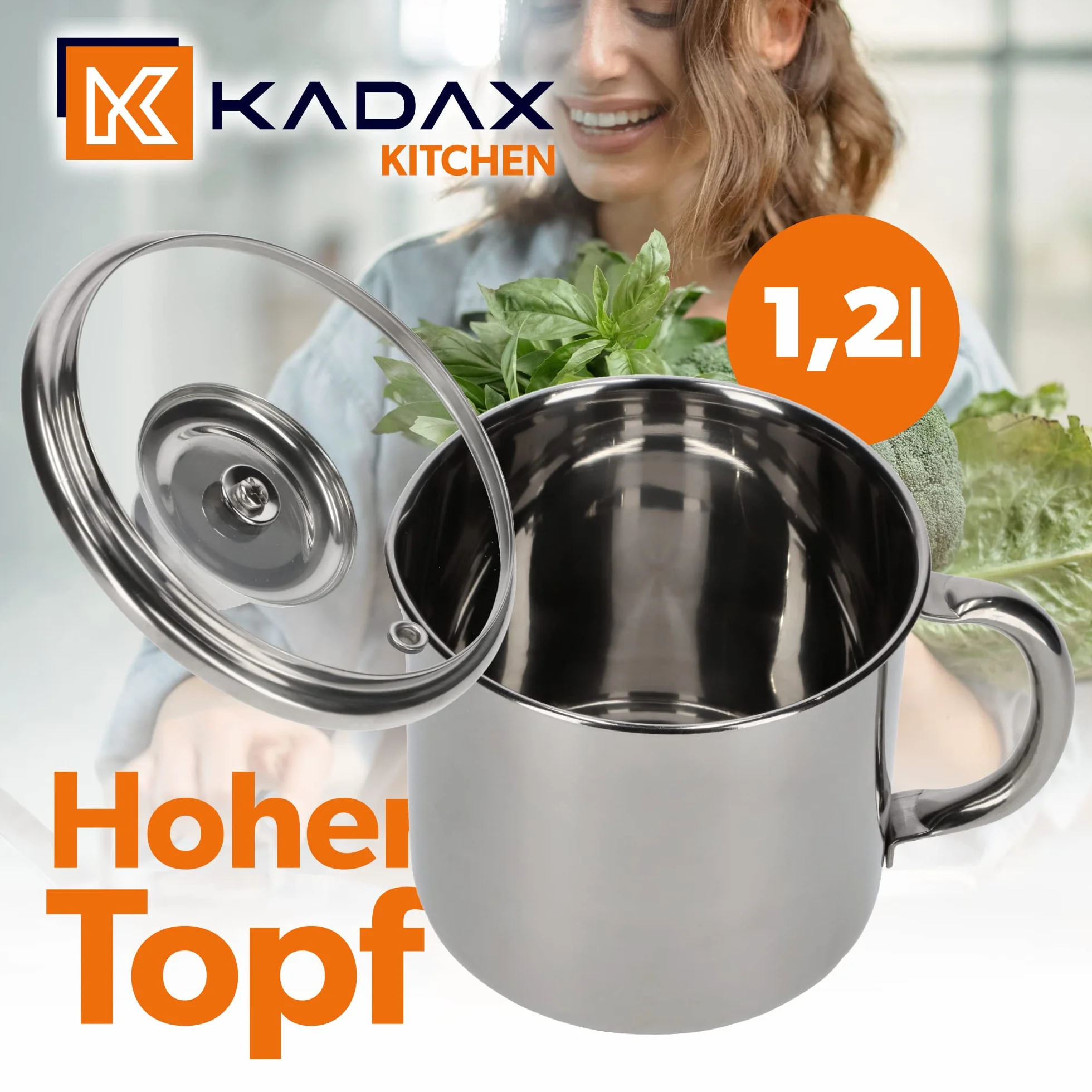 KADAX Garnek ze stali nierdzewnej 1,2 l do mleka na każdej kuchence, szklana pokrywa z otworem na parę ogranicza wykipienie, uchwyt ułatwia nalewanie.