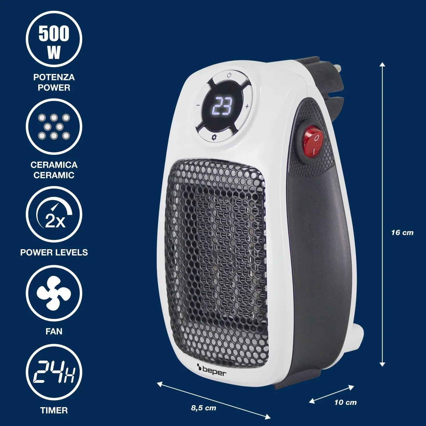 BEPER P203TER350 Mini ceramiczny termowentylator, kompaktowy mini grzejnik elektryczny 500 W/1000 W, wyświetlacz LED, 24-godzinny timer, termostat, obrotowa wtyczka 90