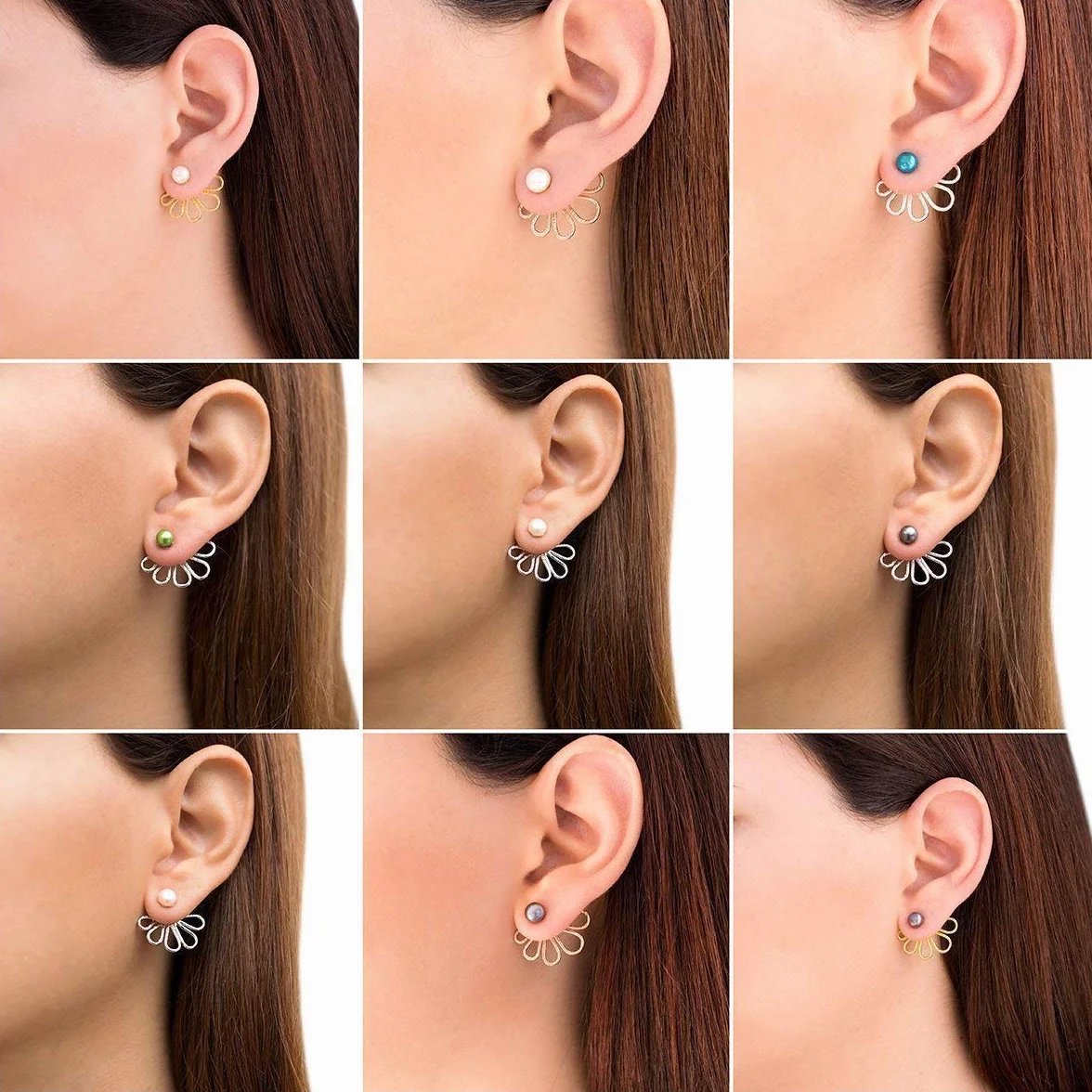Kolczyki Ear-Jacket kwiaty ze srebra próby 925 z czarnymi perłami – wygląd 2 w 1 przód-tył – niklowane i hipoalergiczne – handmade by Emmanuela