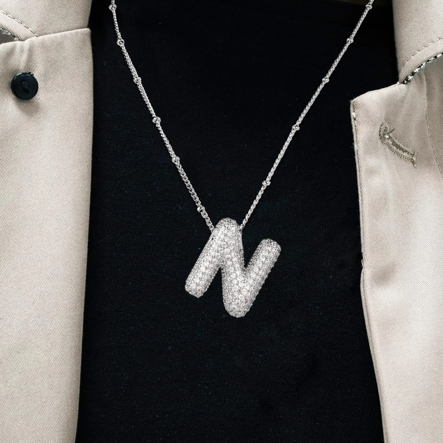 Naszyjnik z Alfabetem Babelkowym, Naszyjnik ze Srebrnej Cyrkonii w Ksztalcie Banki Spersonalizowany Wisiorek z Diamentem Modna Bizuteria Krysztalowa dla Nastoletniej Dziewczyny (N)
