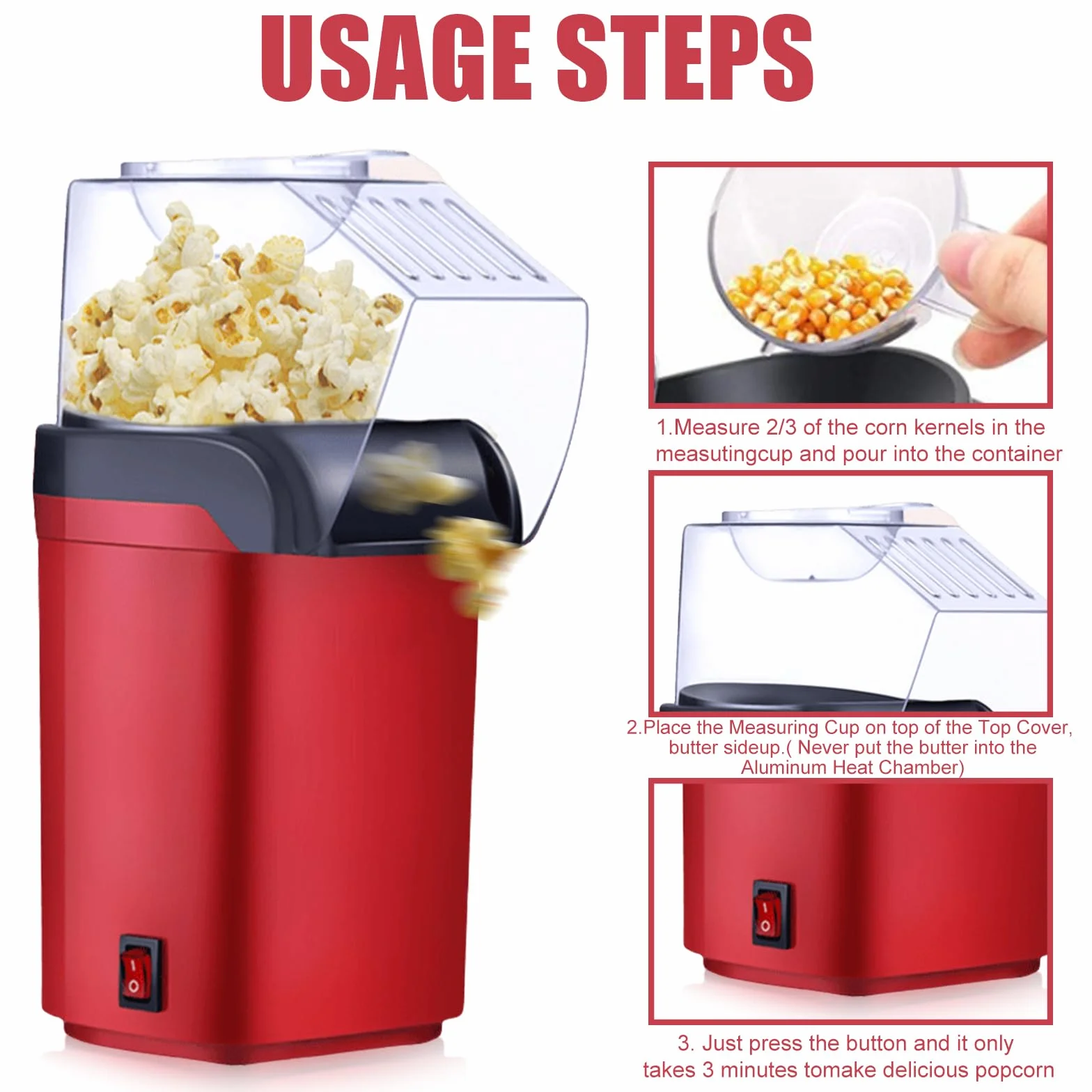 Maszyna do popcornu na gorące powietrze, 1200 W, bez oleju, bez tłuszczu, bez BPA, szybka w 3 minuty, obsługa jednym dotknięciem, kompaktowy automat do popcornu w stylu retro, do domu, kina domowego