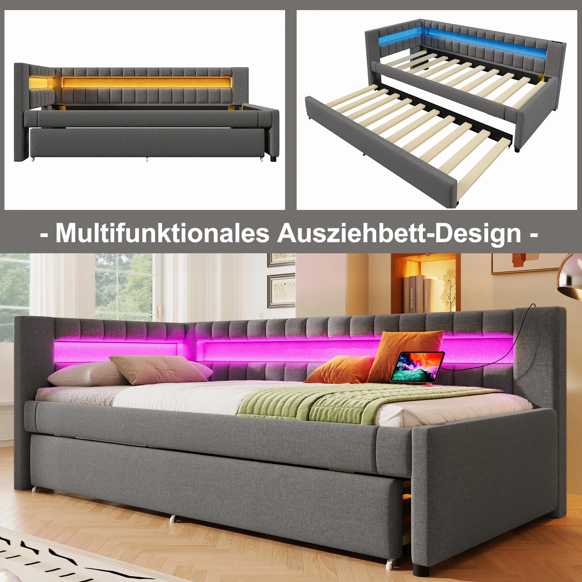 Łóżko tapicerowane z funkcją spania 90x200 cm z diodami LED i USB szare