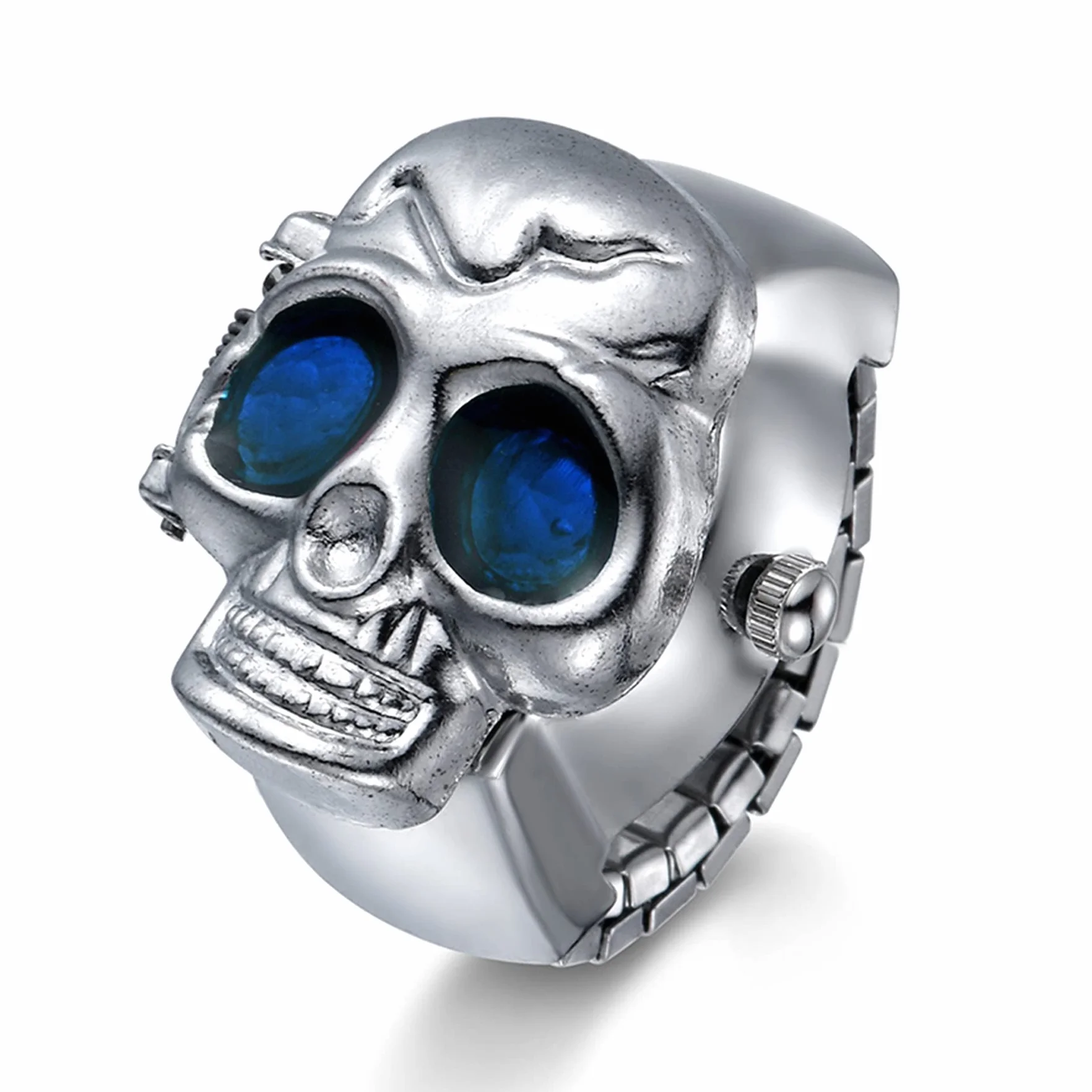 JewelryWe Mężczyźni kobiety zegarek na palec punk czaszka otwierana pokrywa kwarcowy analogowy regulowany pierścień zegarki na Halloween
