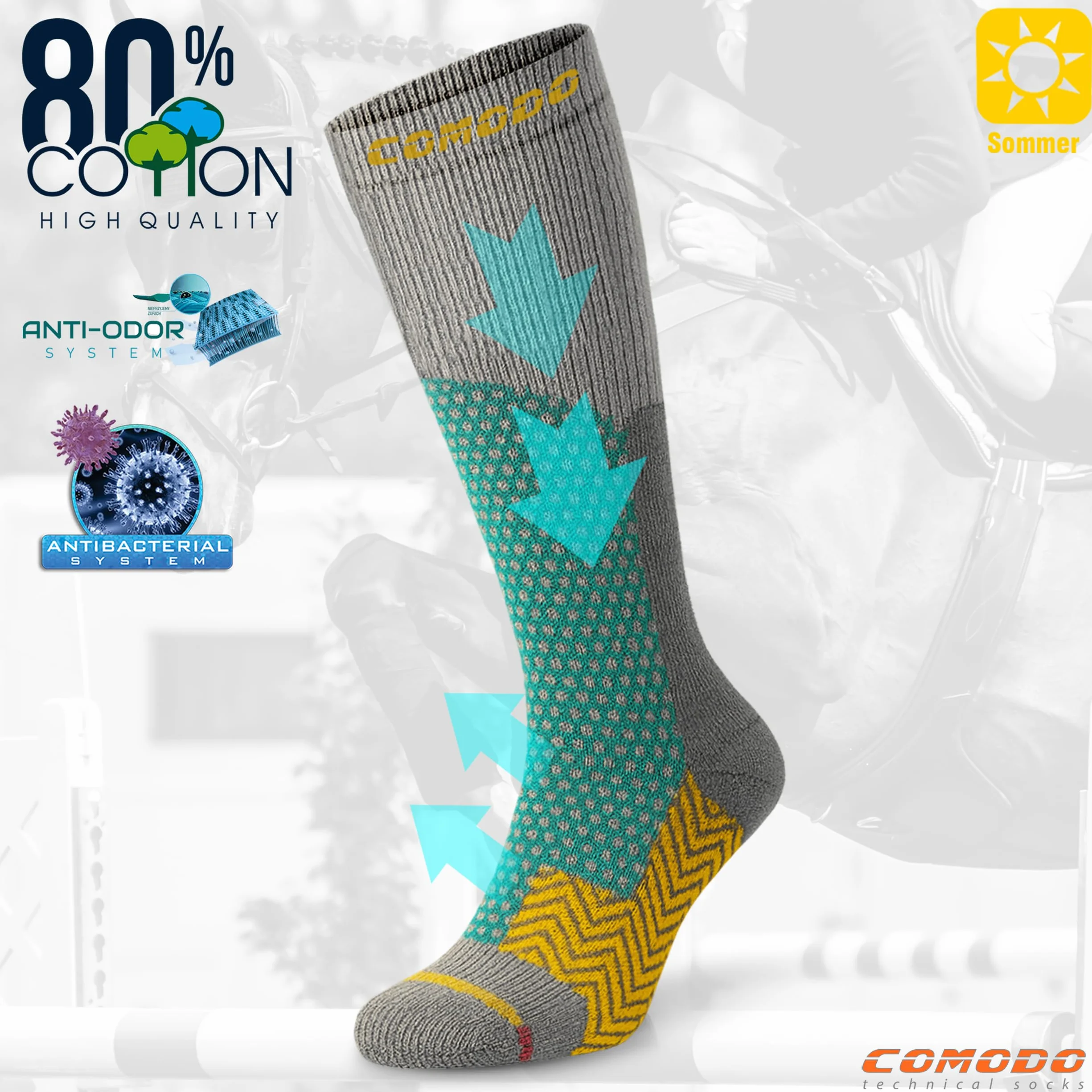 COMODO TECHNICAL SOCKS - Skarpetki Jeździeckie - Podkolanówki - Cienkie Skarpety, Oddychające, Na Lato, Z Wzorem Rombów, Dla Jeźdźców, Płaskie Szwy, SPDJ