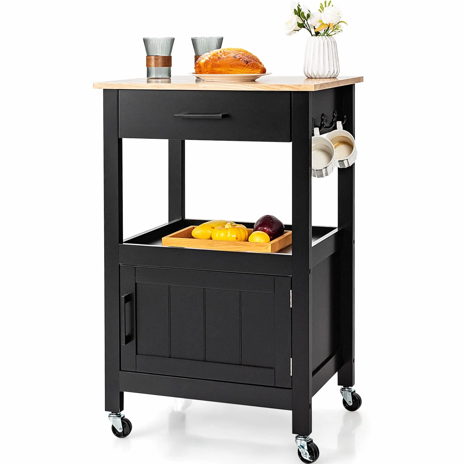 COSTWAY Mały Wózek Kuchenny na Kółkach, Wózek do Serwowania z Szafą, Szufladą i 3 Haczykami, Blat Roboczy z Drewna, Wyspa Kuchenna w Stylu Wiejskim, 56 x 46 x 89 cm