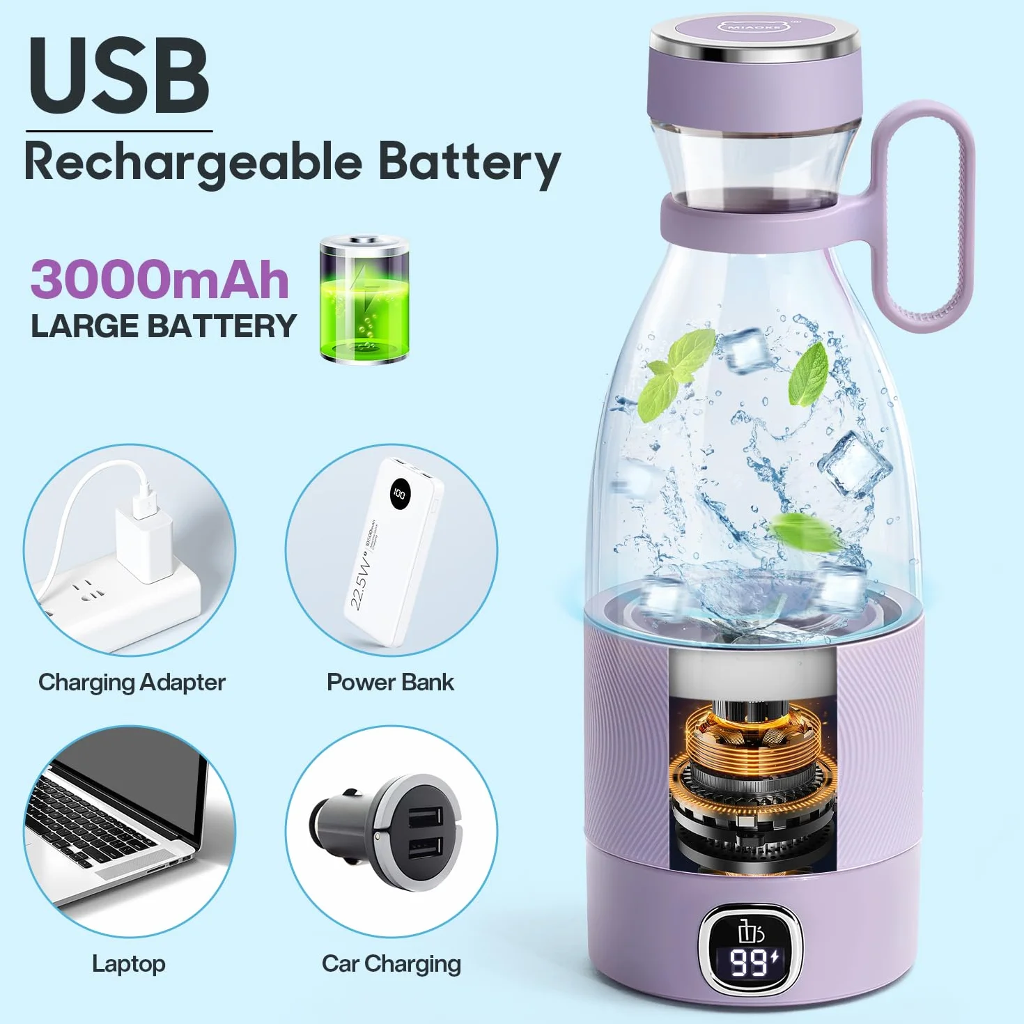 Przenośny mikser 350ml 6 ostrzy USB 3000mAh LED ładowany