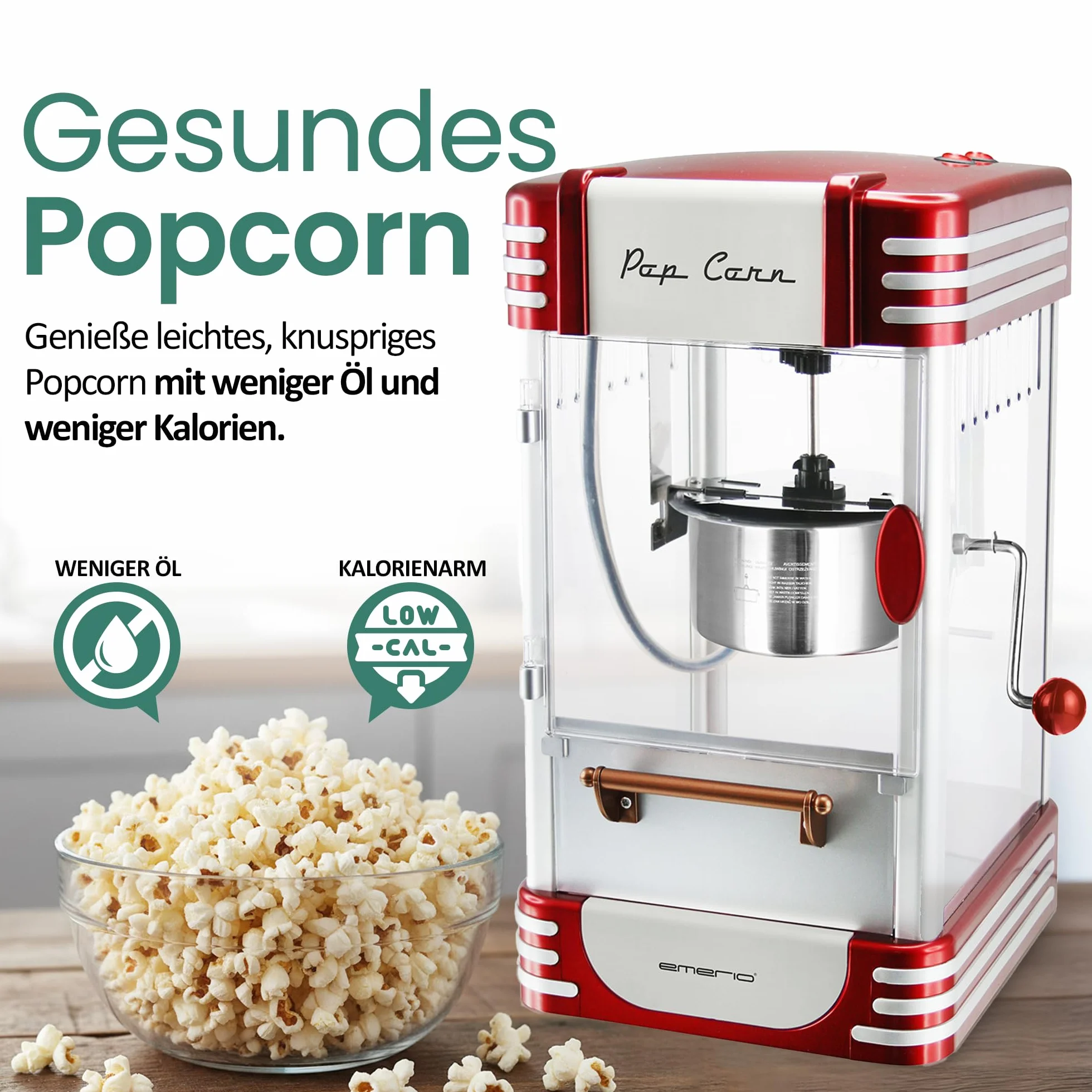 Emerio Maszyna do popcornu POM-120650, pojemnik z powłoką zapobiegającą przywieraniu, nadaje się również do słodkiego lub słonego popcornu, 360 W, duża
