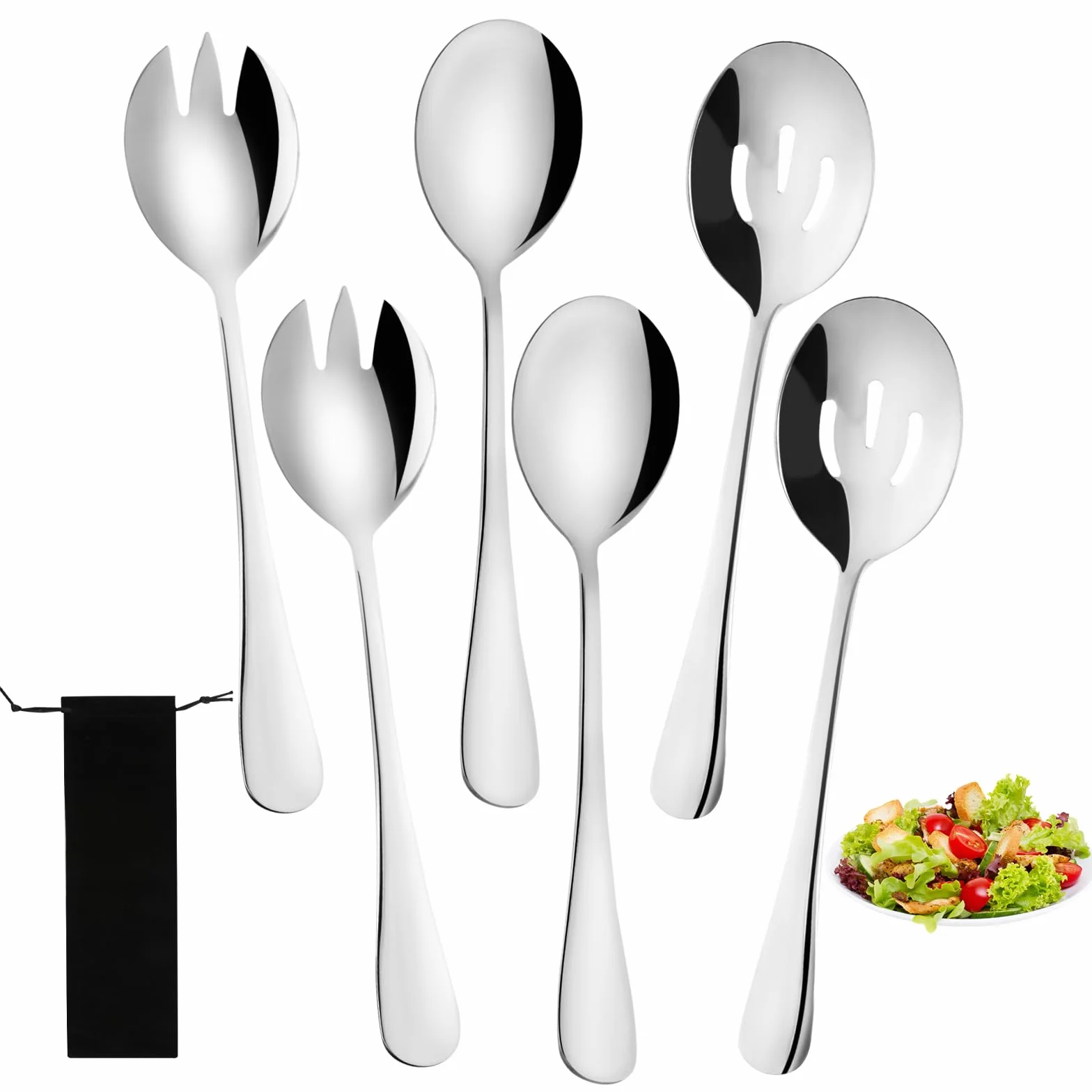 6 sztuk sztućców do sałatek ze stali nierdzewnej, 20 cm, łyżki do serwowania sałatek, widelec do sałatek, okrągła łyżka i nieszczelna łyżka, duża łyżka ze stali nierdzewnej, zestaw do domu,