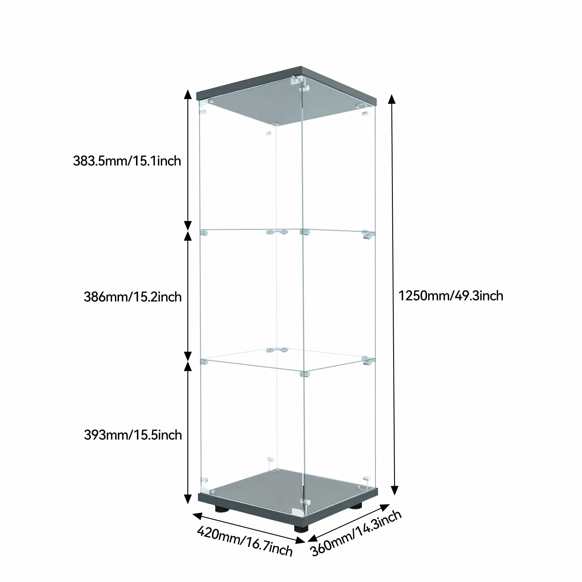 Szklana gablota z diodami LED, szklana gablota kolekcjonerska z 3 półkami, 1 drzwiami i zamkiem, nowoczesna szafka do przechowywania okien do salonu, sypialni, czarna, 36 x 42 x 125 cm