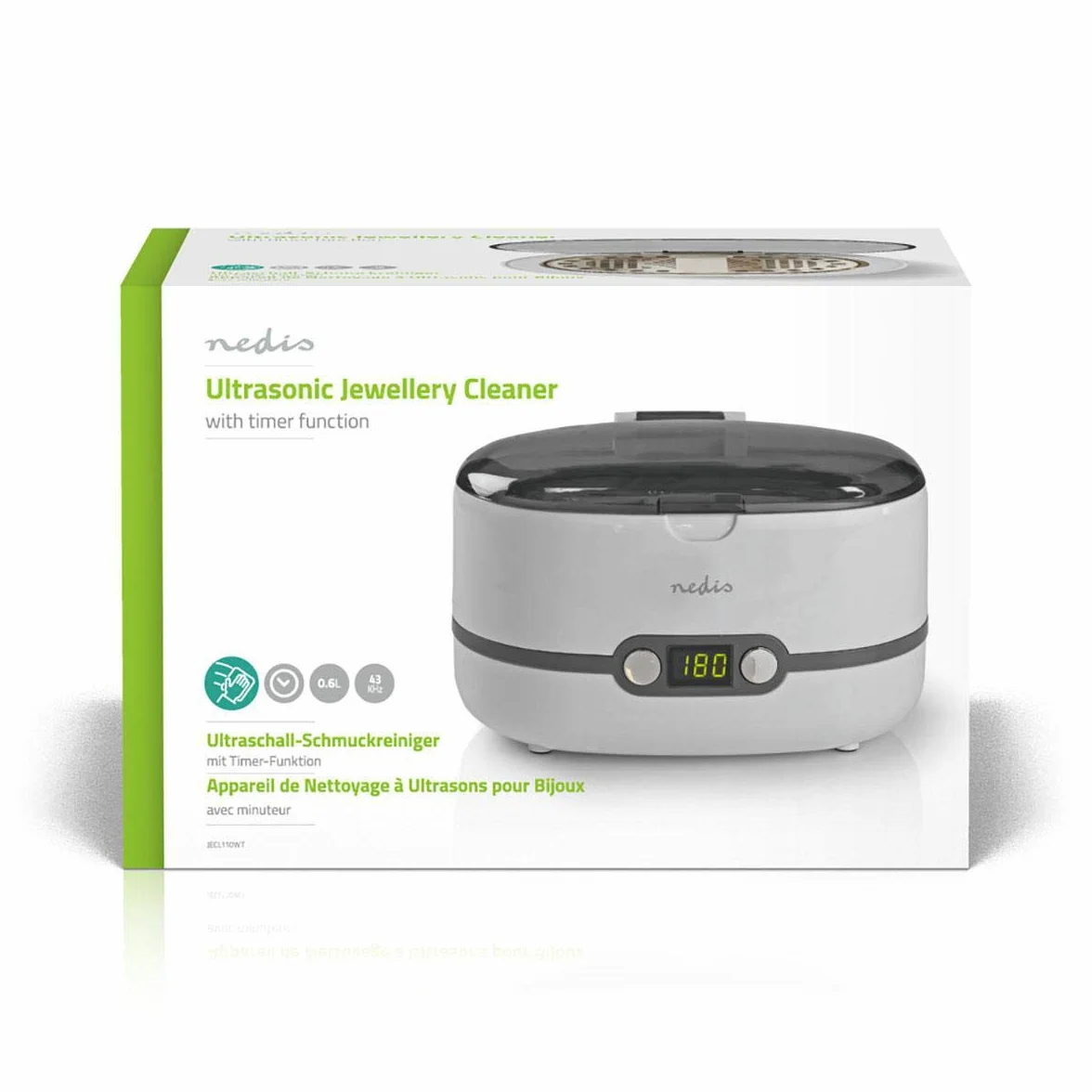 Nedis Cyfrowy ultradźwiękowy środek czyszczący do biżuterii, 43 kHz, soniczne czyszczenie, zbiornik 600 ml, 3 tryby, w tym odpienianie, timer LED, Plug & Play, biały