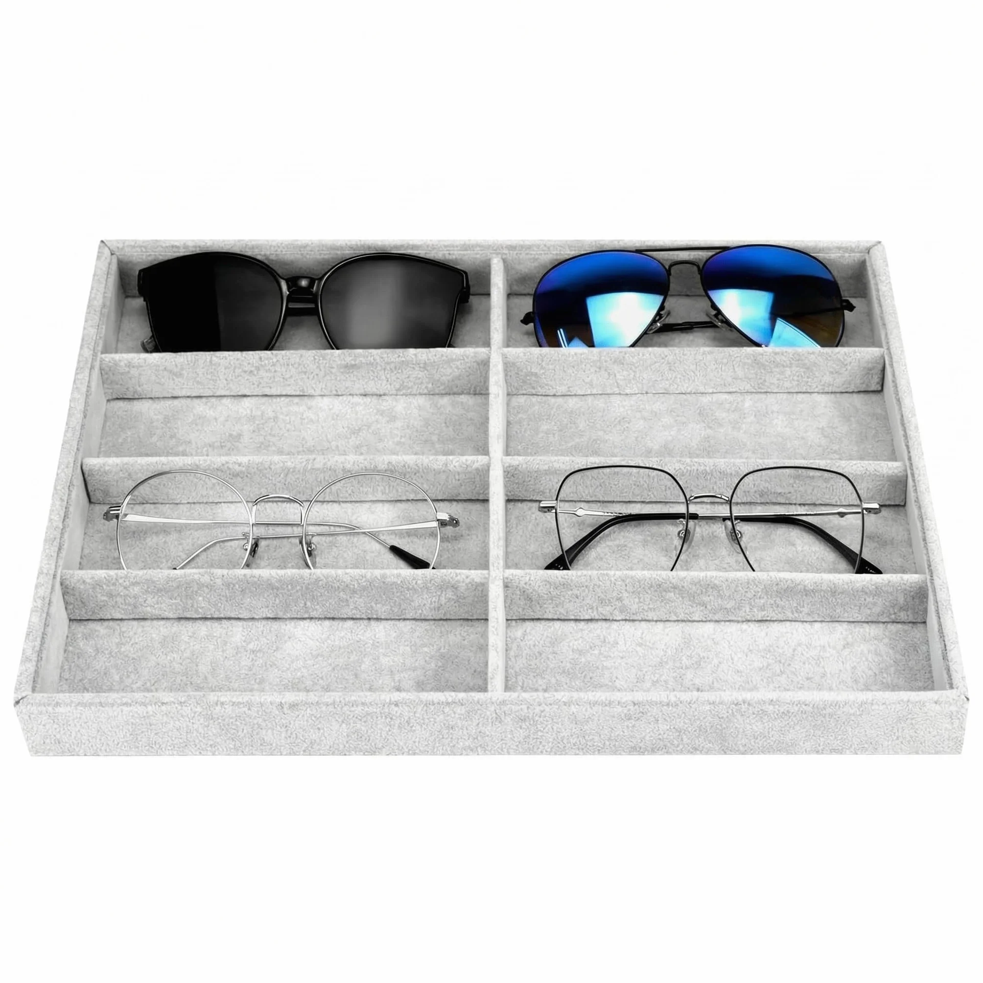 QWORK® Organizer na okulary, 8 siatek, aksamitna taca ekspozycyjna, możliwość układania w stosy i wszechstronny na okulary, zegarki i biżuterię