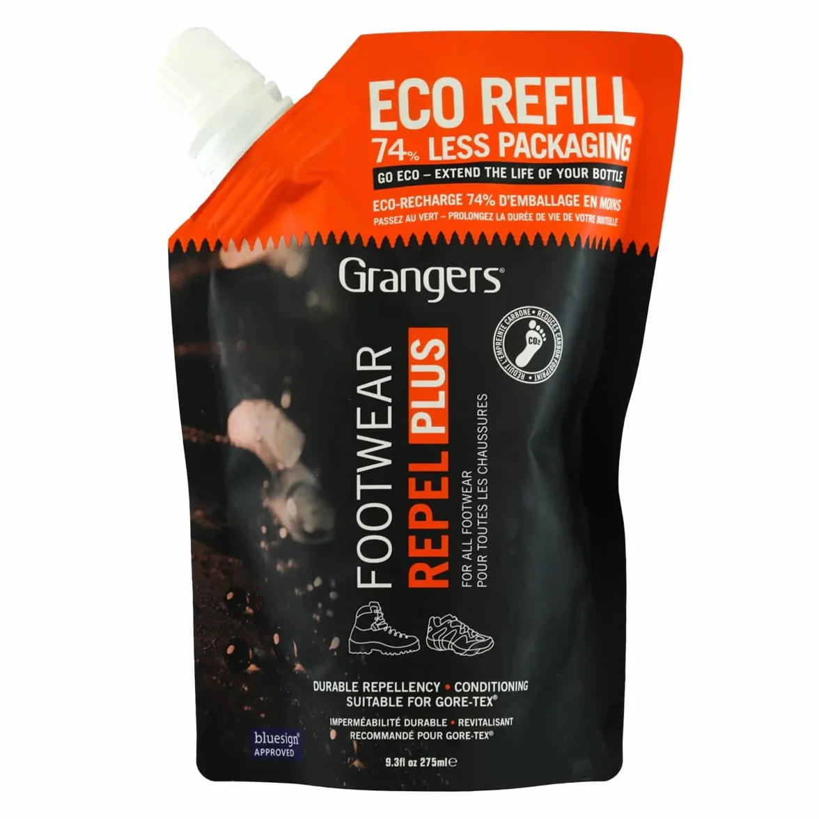 Grangers Footwear Repel Plus Eco Refill | 275 ml | Przedłuż żywotność wytrzymałego materiału ochronnego na obuwie